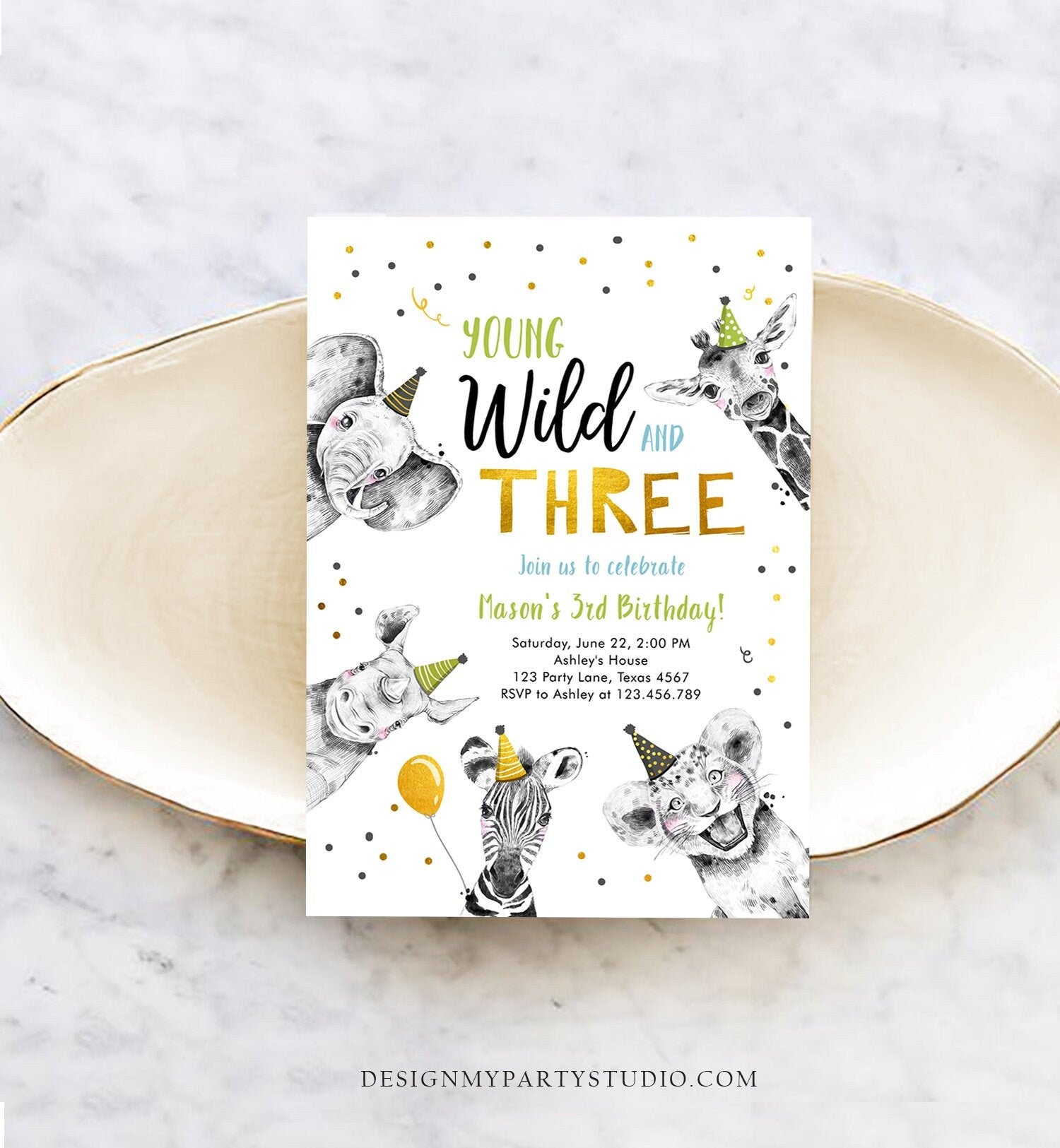 Editable Young Wild and Three Birthday Invitation Boy Green Gold Third 3rd Safari Animals Download Printable Template Digital Corjl 0390