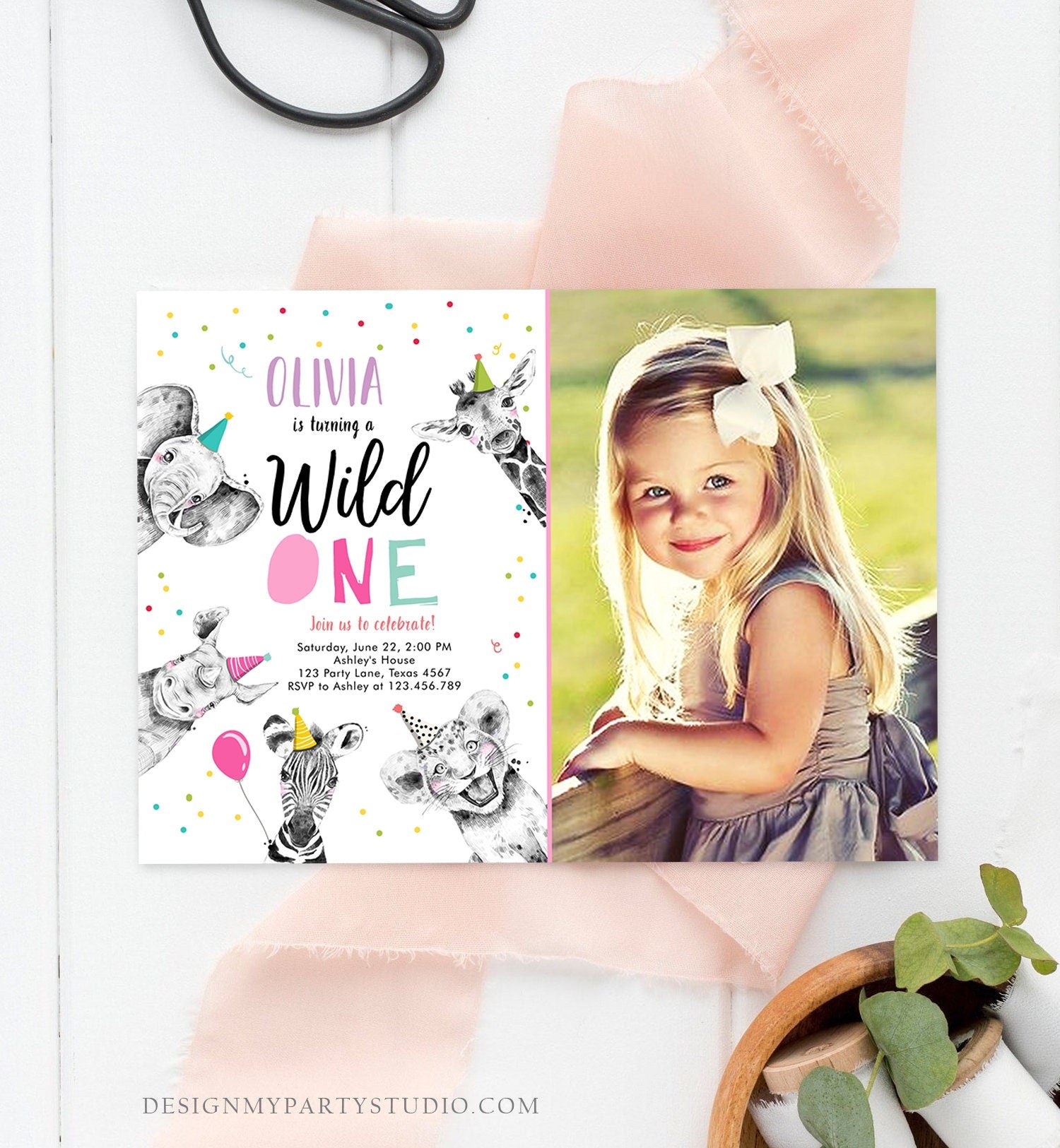 Editable Wild One Birthday Invitation Safari Animals Party Animals Girl Pink Gold First Birthday 1st Confetti Corjl Template Printable 0390