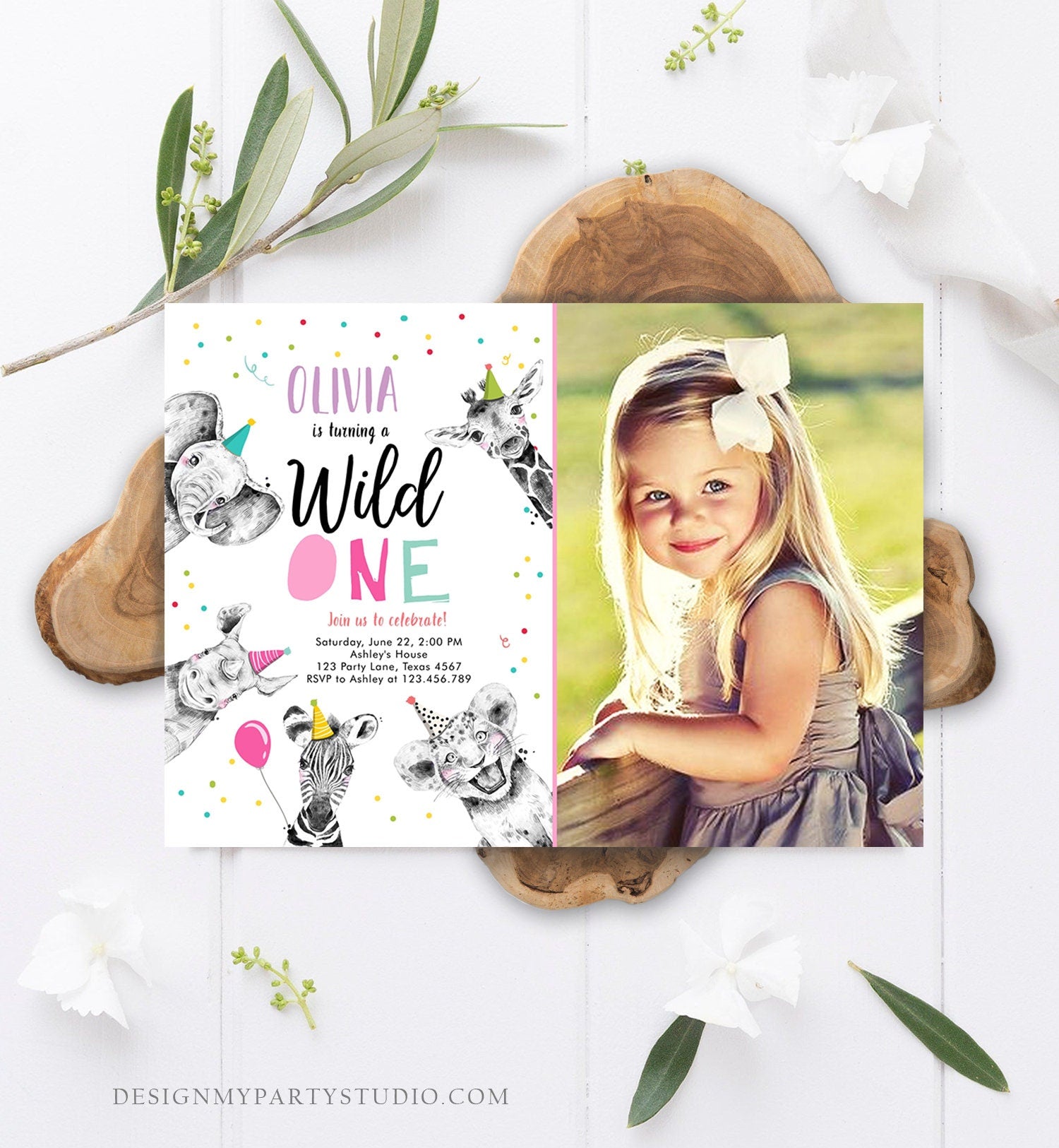 Editable Wild One Birthday Invitation Safari Animals Party Animals Girl Pink Gold First Birthday 1st Confetti Corjl Template Printable 0390