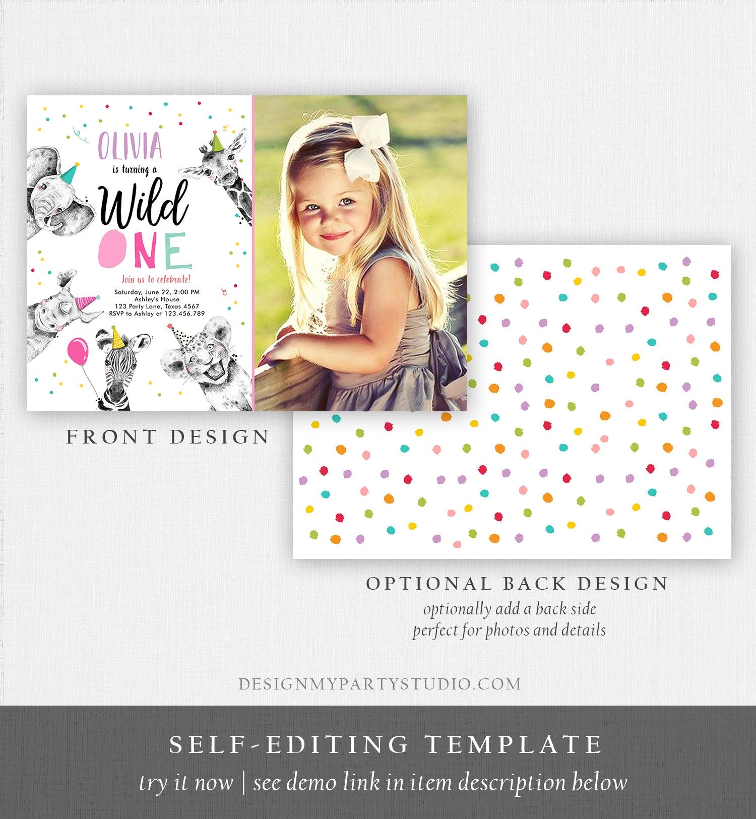 Editable Wild One Birthday Invitation Safari Animals Party Animals Girl Pink Gold First Birthday 1st Confetti Corjl Template Printable 0390