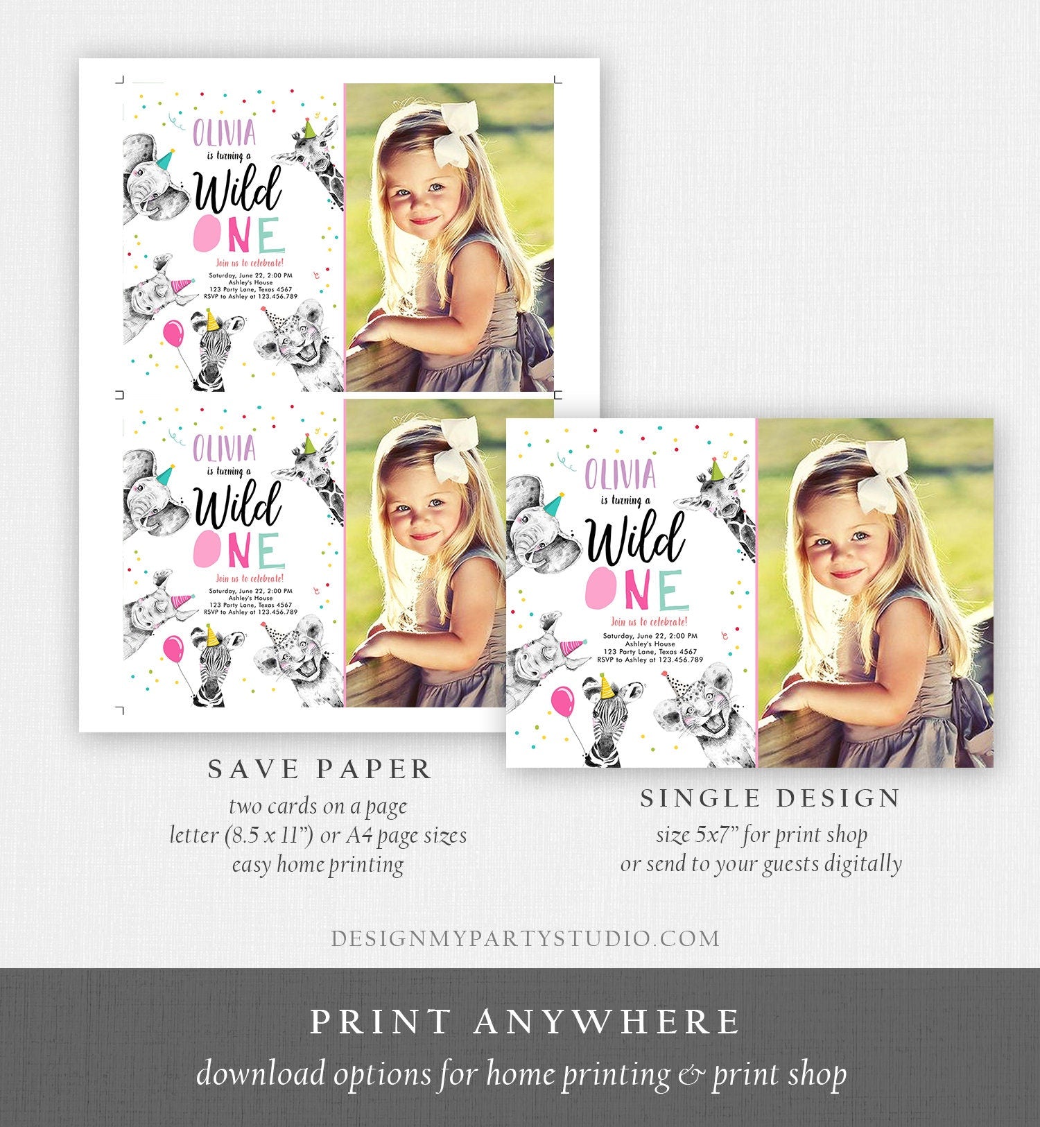 Editable Wild One Birthday Invitation Safari Animals Party Animals Girl Pink Gold First Birthday 1st Confetti Corjl Template Printable 0390