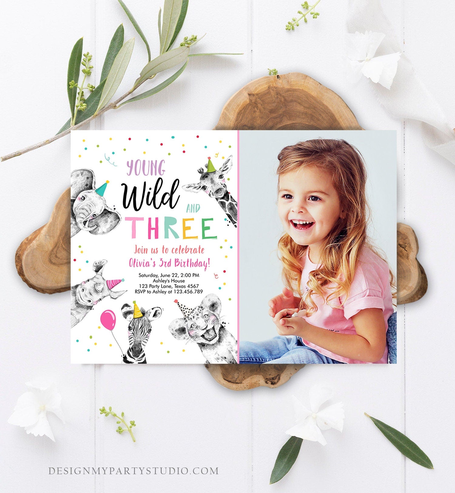 Editable Young Wild and Three Birthday Invitation Girl Pink and Gold Safari Animals Instant Download Printable Template Digital Corjl 0390