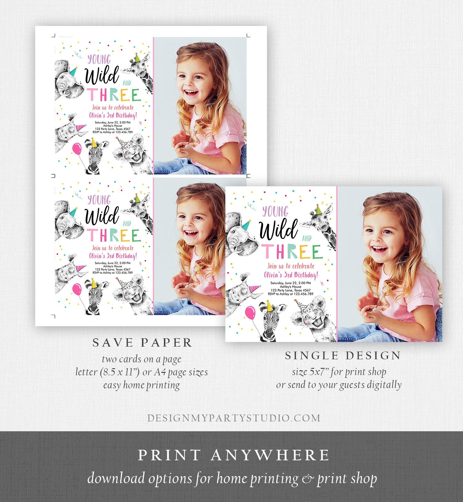 Editable Young Wild and Three Birthday Invitation Girl Pink and Gold Safari Animals Instant Download Printable Template Digital Corjl 0390