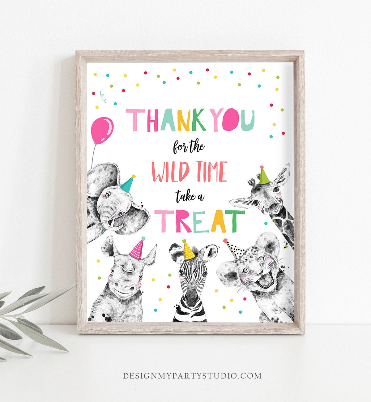 Thank You Wild Time Birthday Sign Party Take a Treat Sign Safari Animals Party Animals Zoo Girl Pink Decor Instant Download Printable 0390