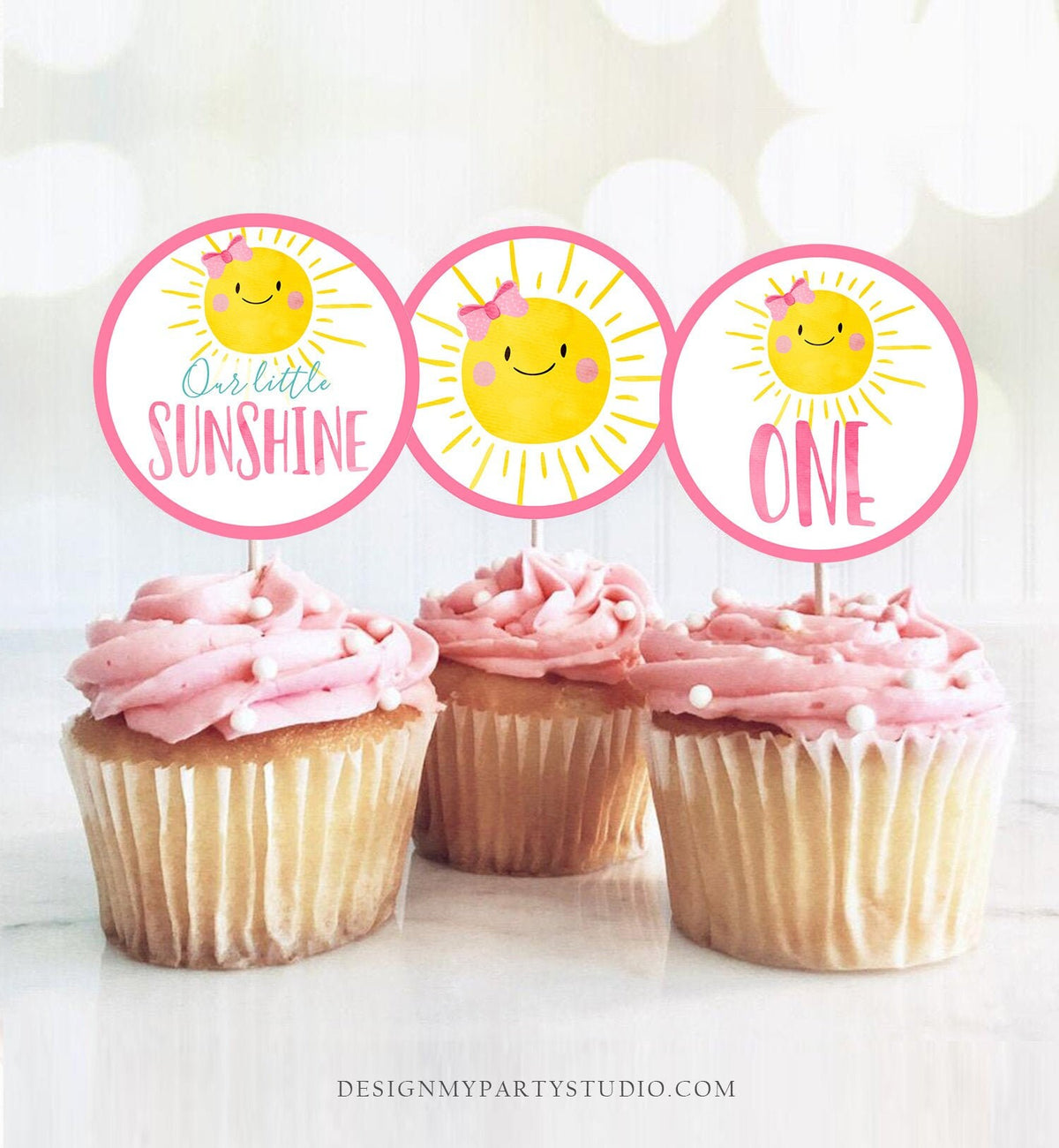 Sunshine Birthday Cupcake Toppers Favor Tags Sunshine Party Little Sunshine Decor Girl Pink 1st Stickers Download Digital PRINTABLE 0141