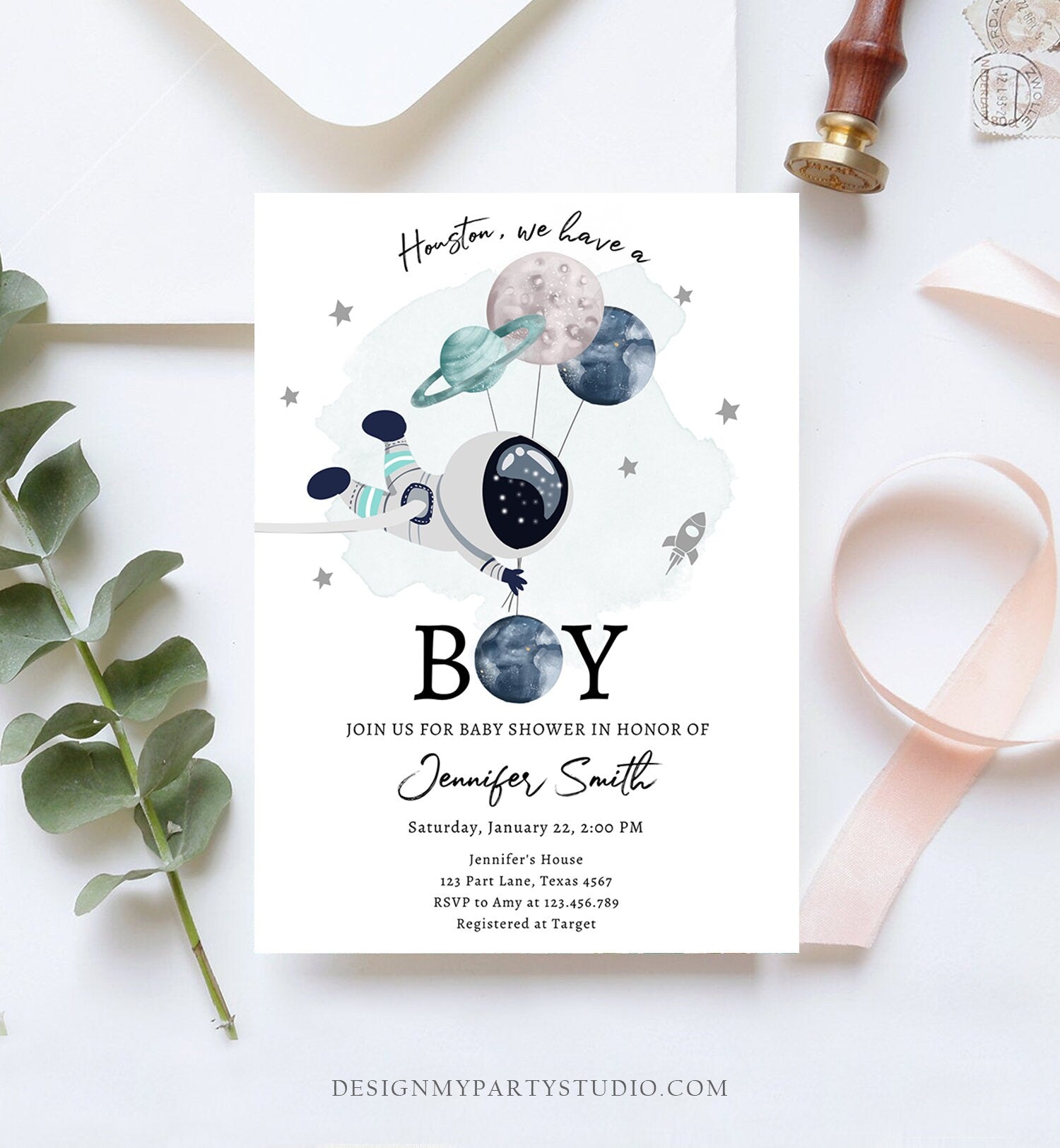 Editable Space Astronaut Baby Shower Invitation Galaxy Houston It's a Boy Blue Planets Moon Countdown Template Instant Download Corjl 0366