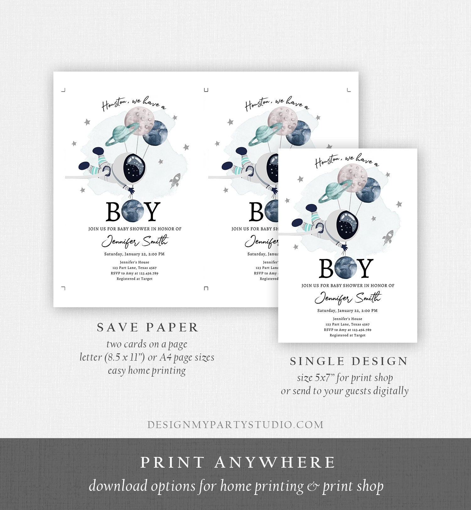 Editable Space Astronaut Baby Shower Invitation Galaxy Houston It's a Boy Blue Planets Moon Countdown Template Instant Download Corjl 0366