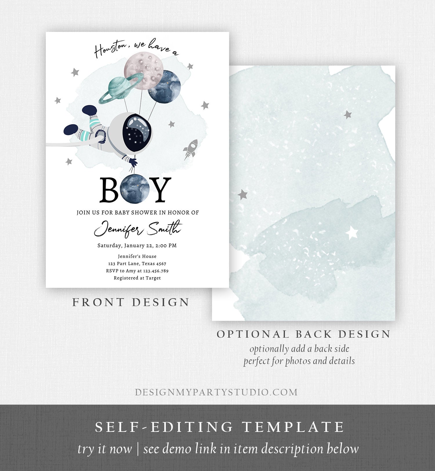 Editable Space Astronaut Baby Shower Invitation Galaxy Houston It's a Boy Blue Planets Moon Countdown Template Instant Download Corjl 0366