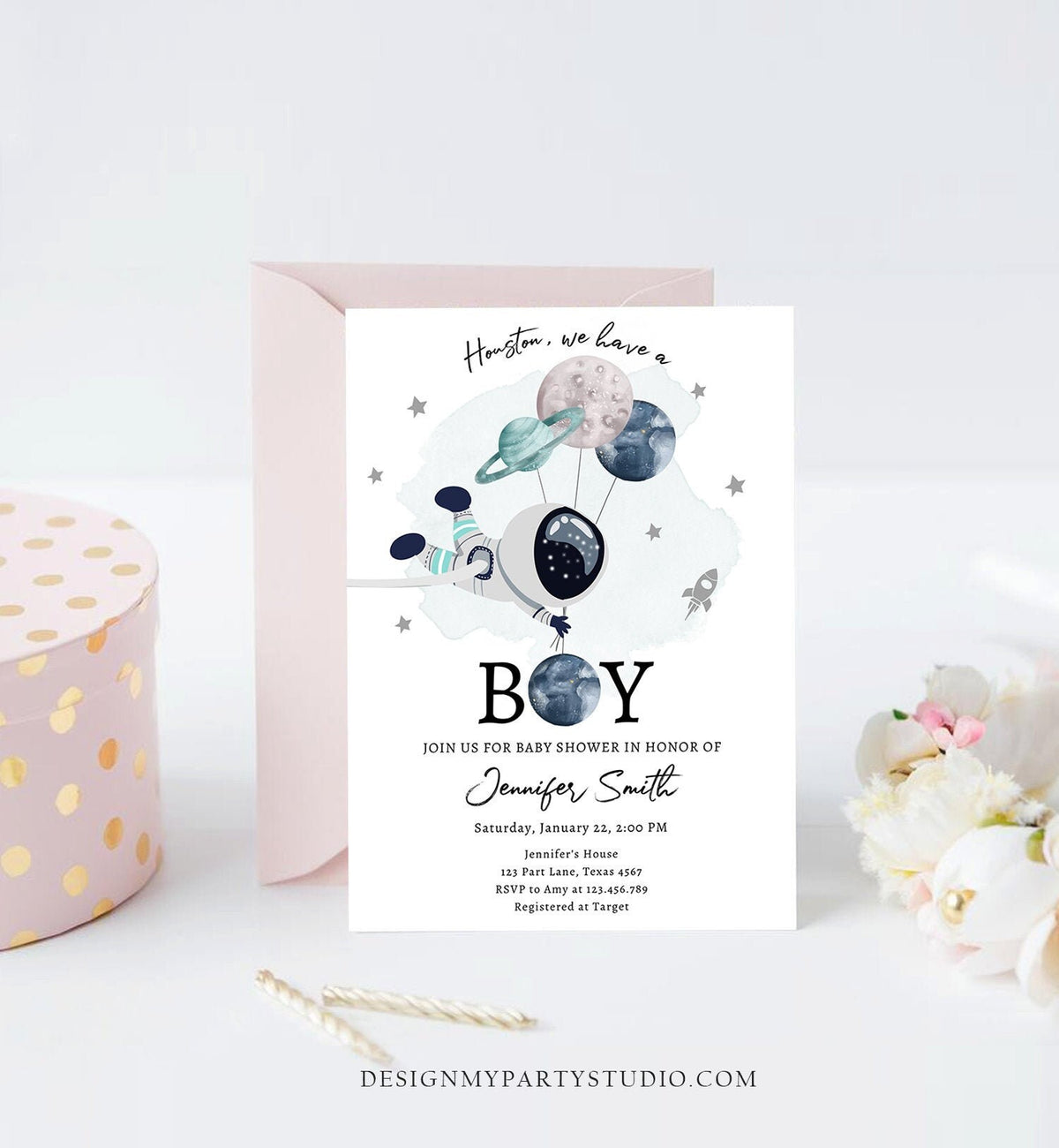 Editable Space Astronaut Baby Shower Invitation Galaxy Houston It&#39;s a Boy Blue Planets Moon Countdown Template Instant Download Corjl 0366