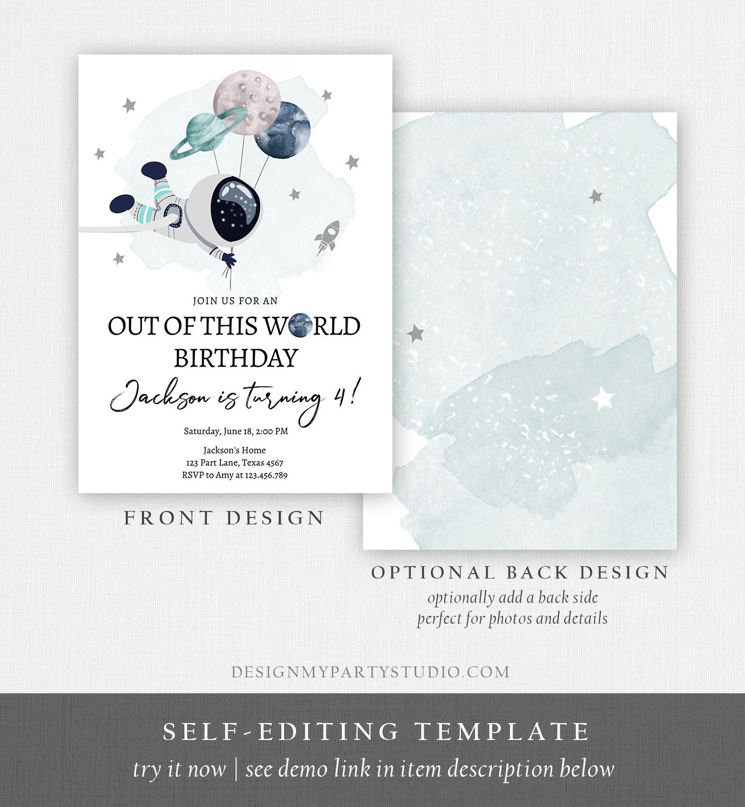 Editable Out of This World Birthday Invitation Outer Space Planets Rocket Galaxy Astronaut Silver Boy Digital Evite Template Printable 0366