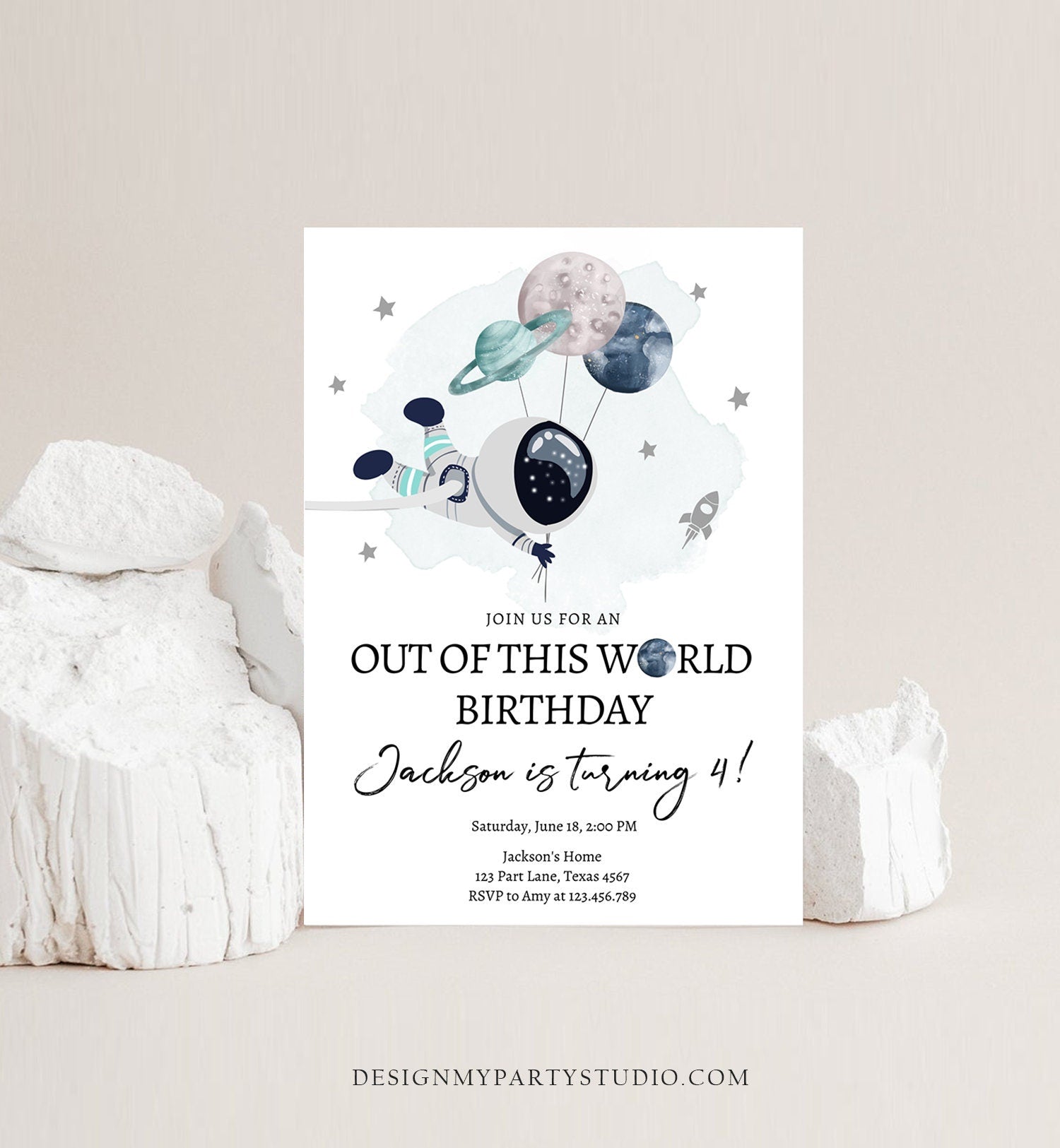 Editable Out of This World Birthday Invitation Outer Space Planets Rocket Galaxy Astronaut Silver Boy Digital Evite Template Printable 0366