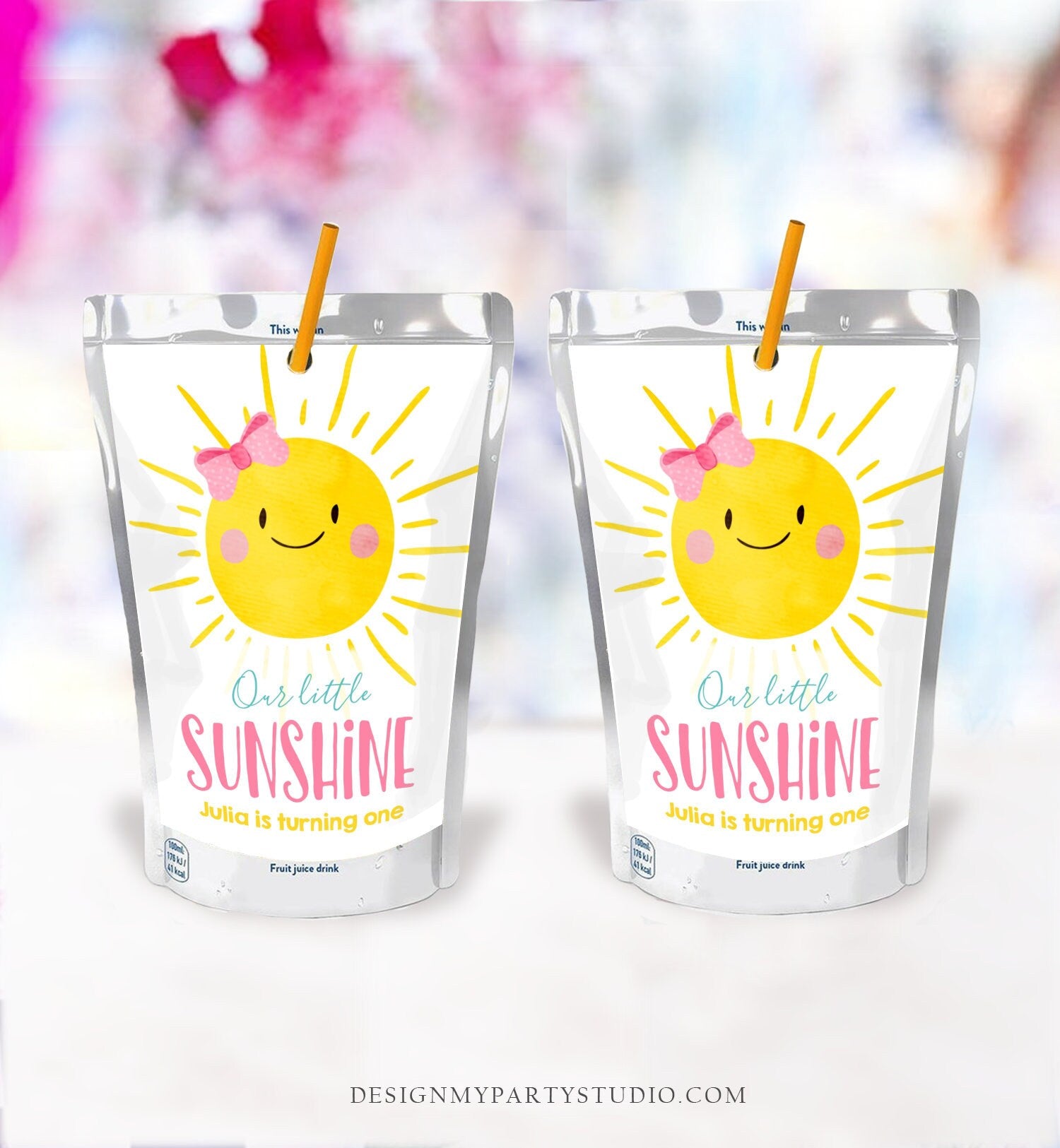 Editable Sunshine Juice Pouch Label Juice Favors Sunshine Birthday Girl Pink Little Sunshine Download Digital Template Printable 0141