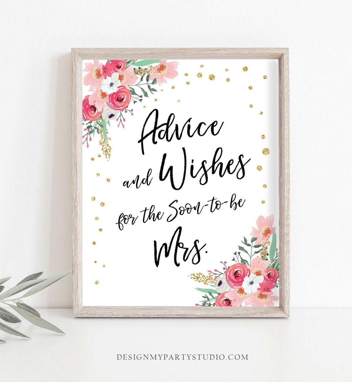 Advice and Wishes Sign Travel Adventure Bridal Shower Wedding For Soon-to-be Mrs Pink Floral Gold Instant Download Printable 0030