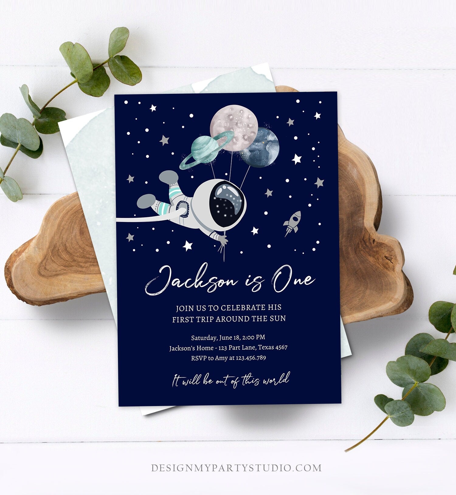 Editable Outer Space Birthday Invitation Out of this World Astronaut Trip Around the Sun Download Printable Template Digital Corjl 0366