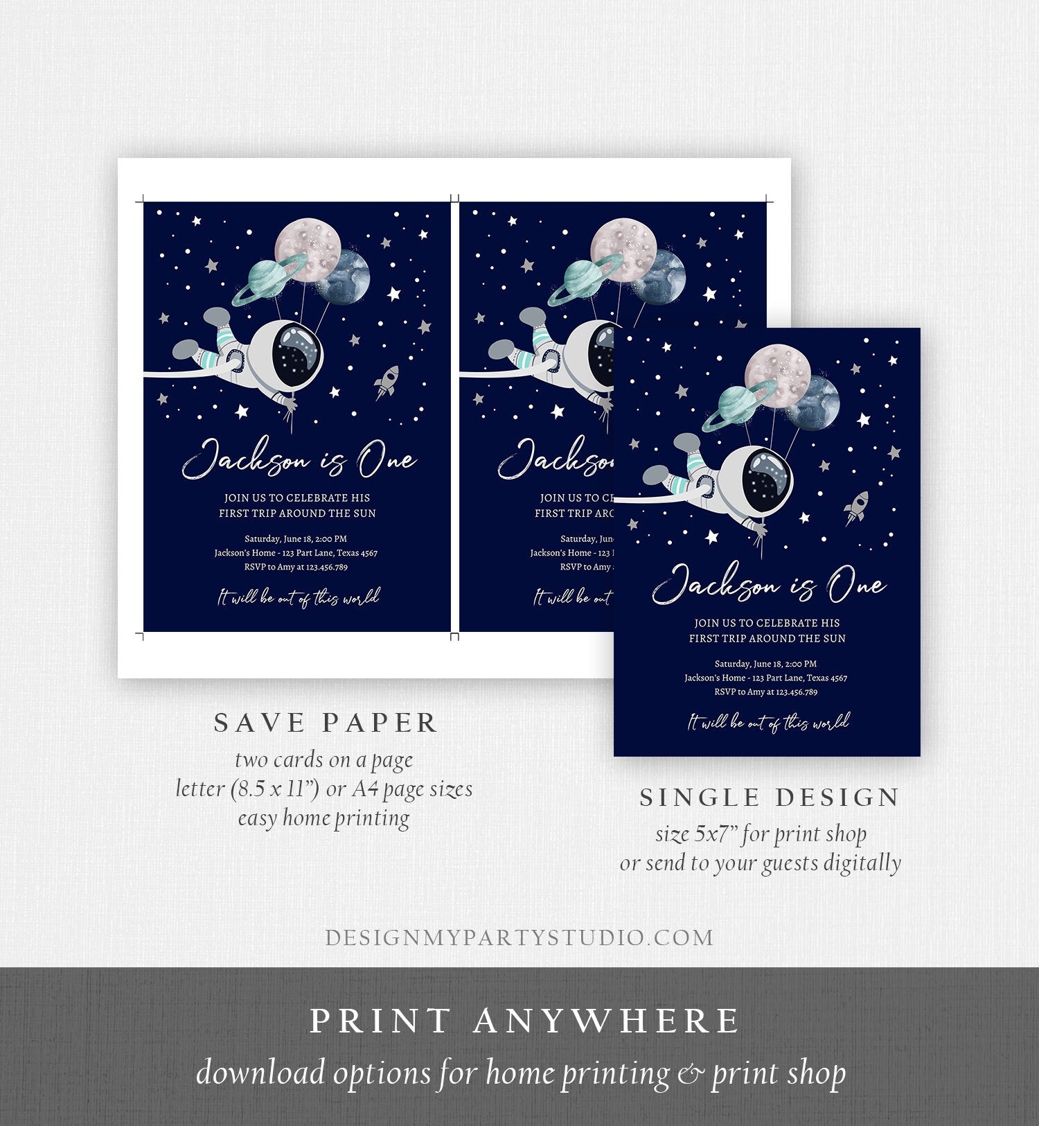 Editable Outer Space Birthday Invitation Out of this World Astronaut Trip Around the Sun Download Printable Template Digital Corjl 0366