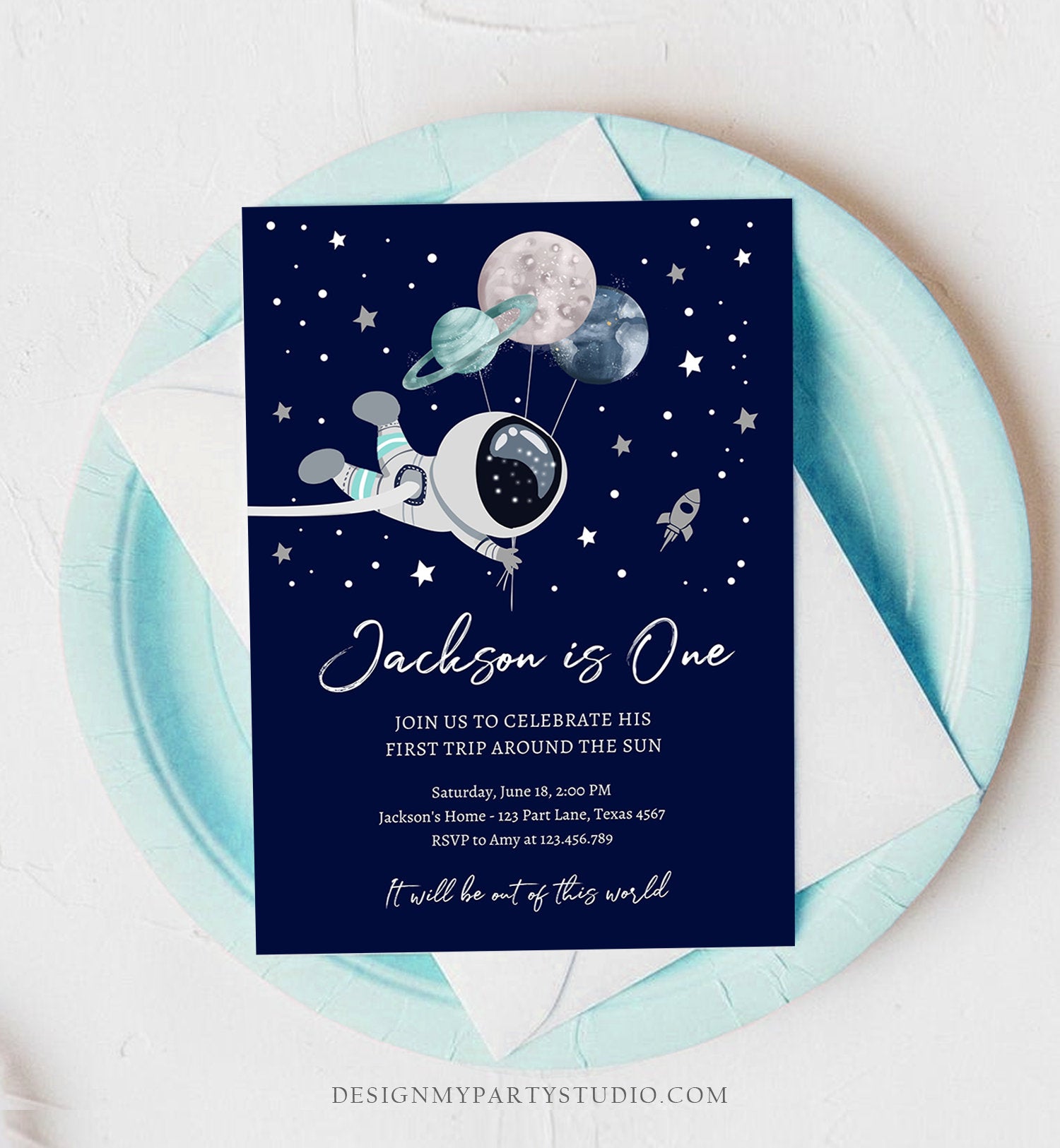 Editable Outer Space Birthday Invitation Out of this World Astronaut Trip Around the Sun Download Printable Template Digital Corjl 0366