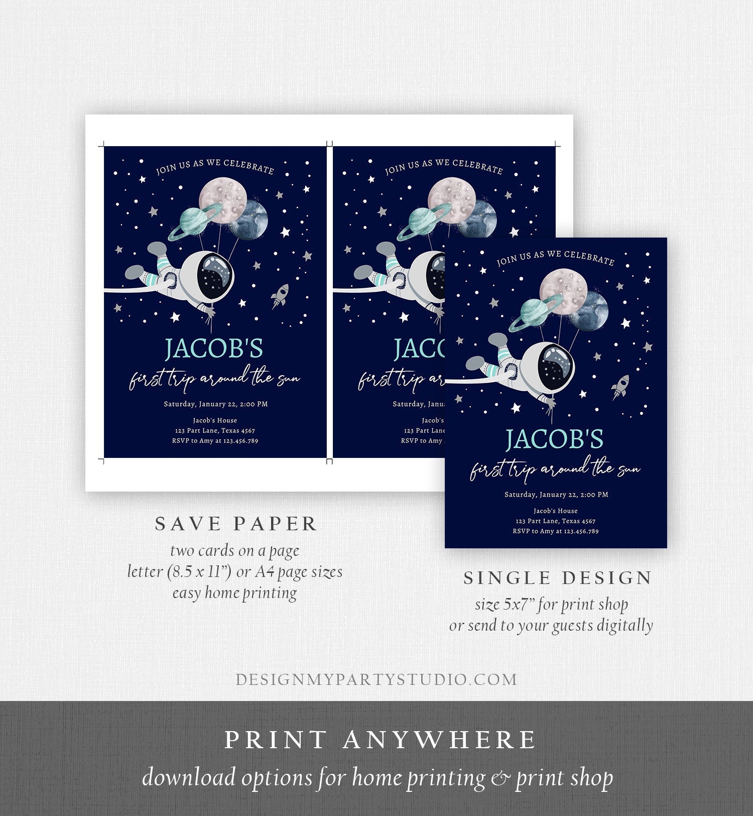 Editable Out of This World Birthday Invitation Outer Space Planets Rocket Ship Galaxy Astronaut Silver Boy Corjl Template Printable 0366