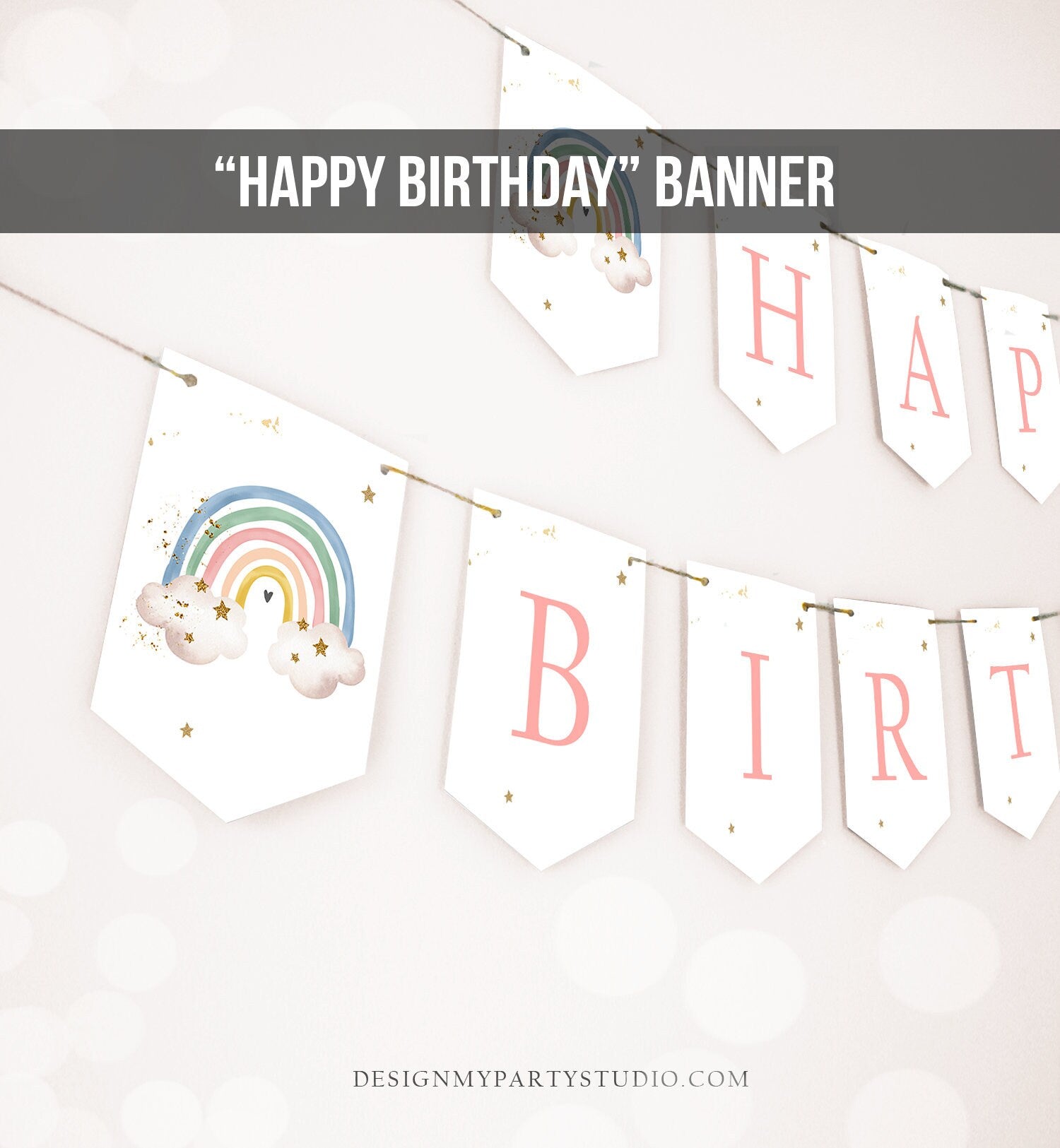 Happy Birthday Banner Rainbow Banner Girl Rainbow First Birthday Decorations Rainbow Boho Pastel Instant download PRINTABLE DIGITAL DIY 0387