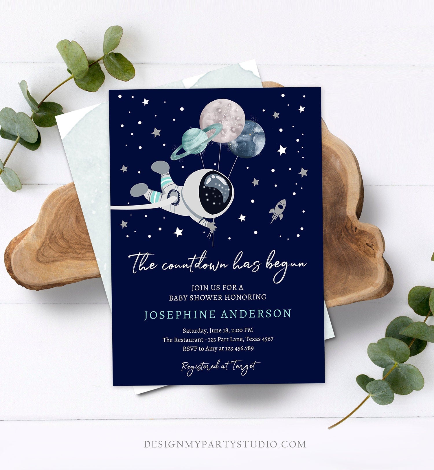 Editable Space Baby Shower Invitation Galaxy Outer Space It's a Boy Blue Planets Moon Countdown Invite Template Instant Download Corjl 0366