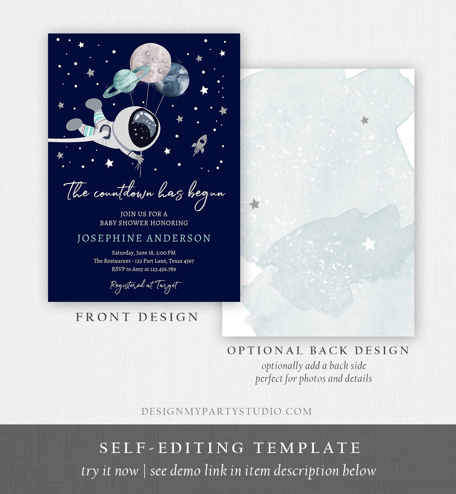 Editable Space Baby Shower Invitation Galaxy Outer Space It's a Boy Blue Planets Moon Countdown Invite Template Instant Download Corjl 0366