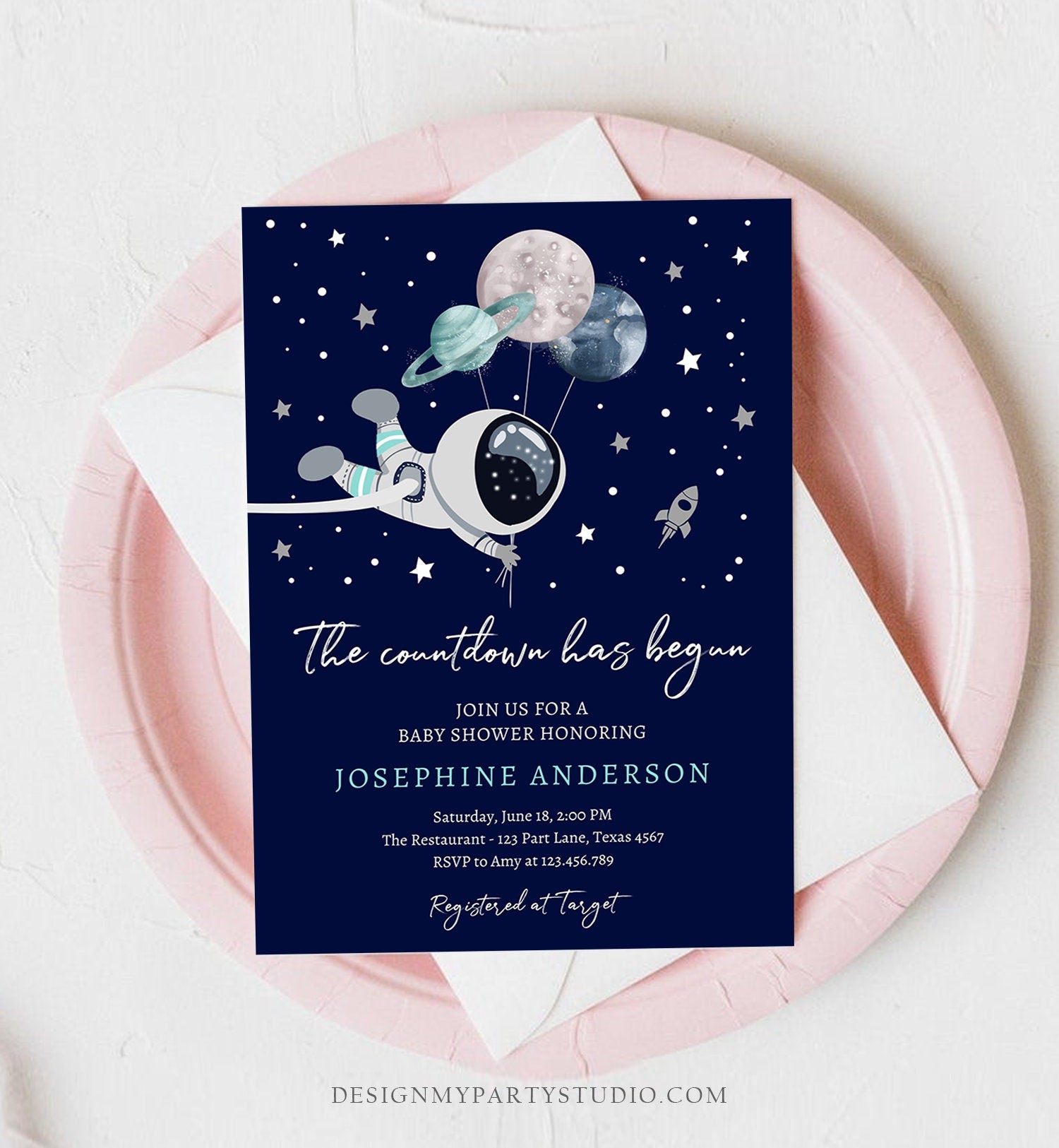 Editable Space Baby Shower Invitation Galaxy Outer Space It's a Boy Blue Planets Moon Countdown Invite Template Instant Download Corjl 0366