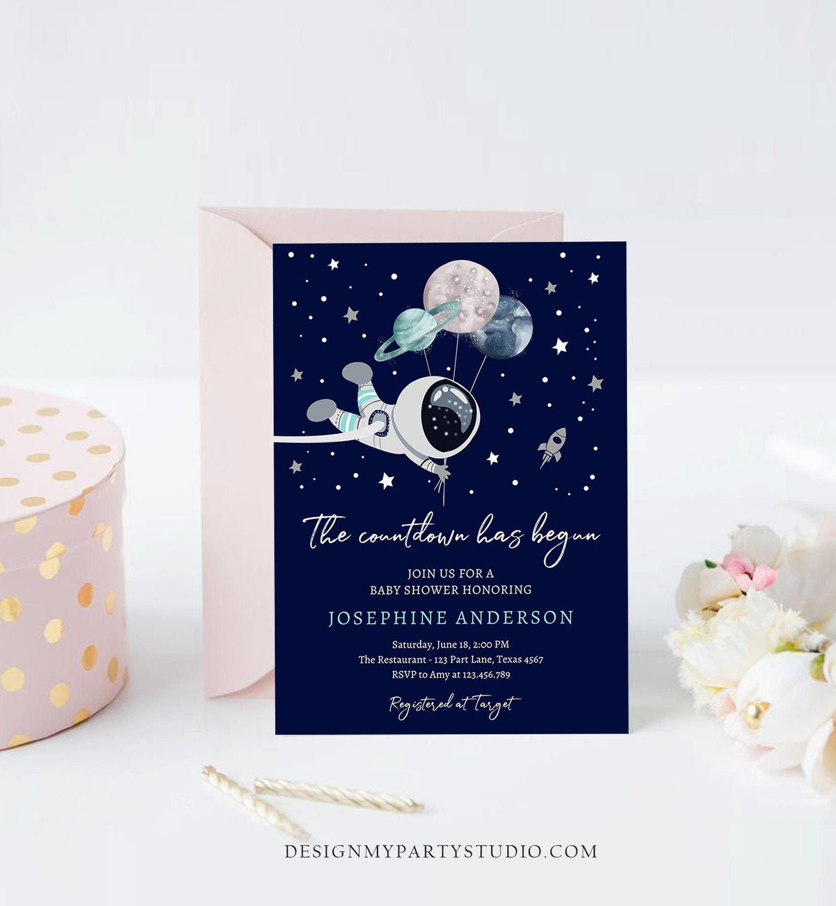 Editable Space Baby Shower Invitation Galaxy Outer Space It&#39;s a Boy Blue Planets Moon Countdown Invite Template Instant Download Corjl 0366