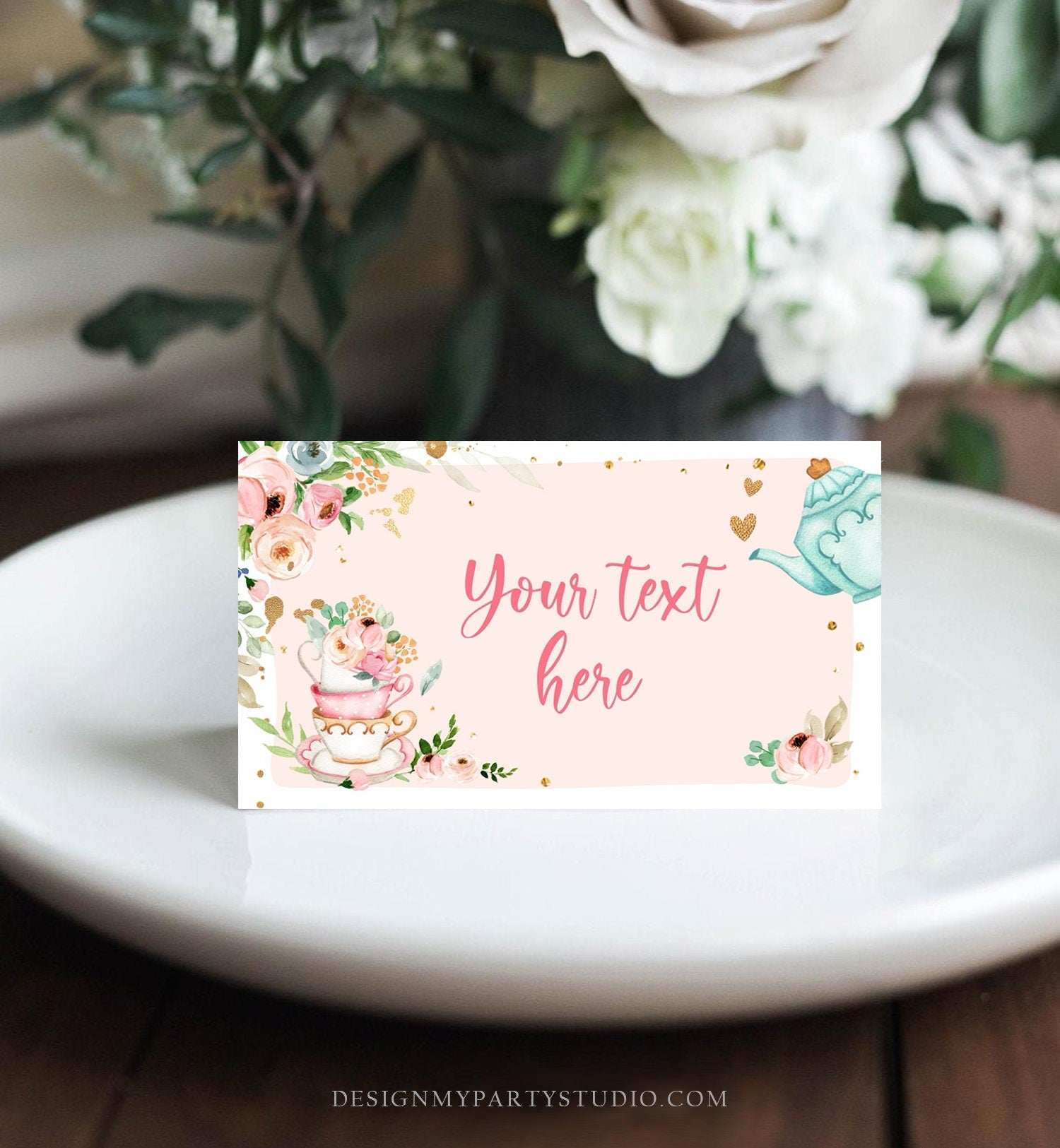 Editable Tea Party Food Label Tea Place Card Tent Card Escort Card Par-Tea Tea for Two Decor Girl Floral Pink Printable Corjl Template 0349