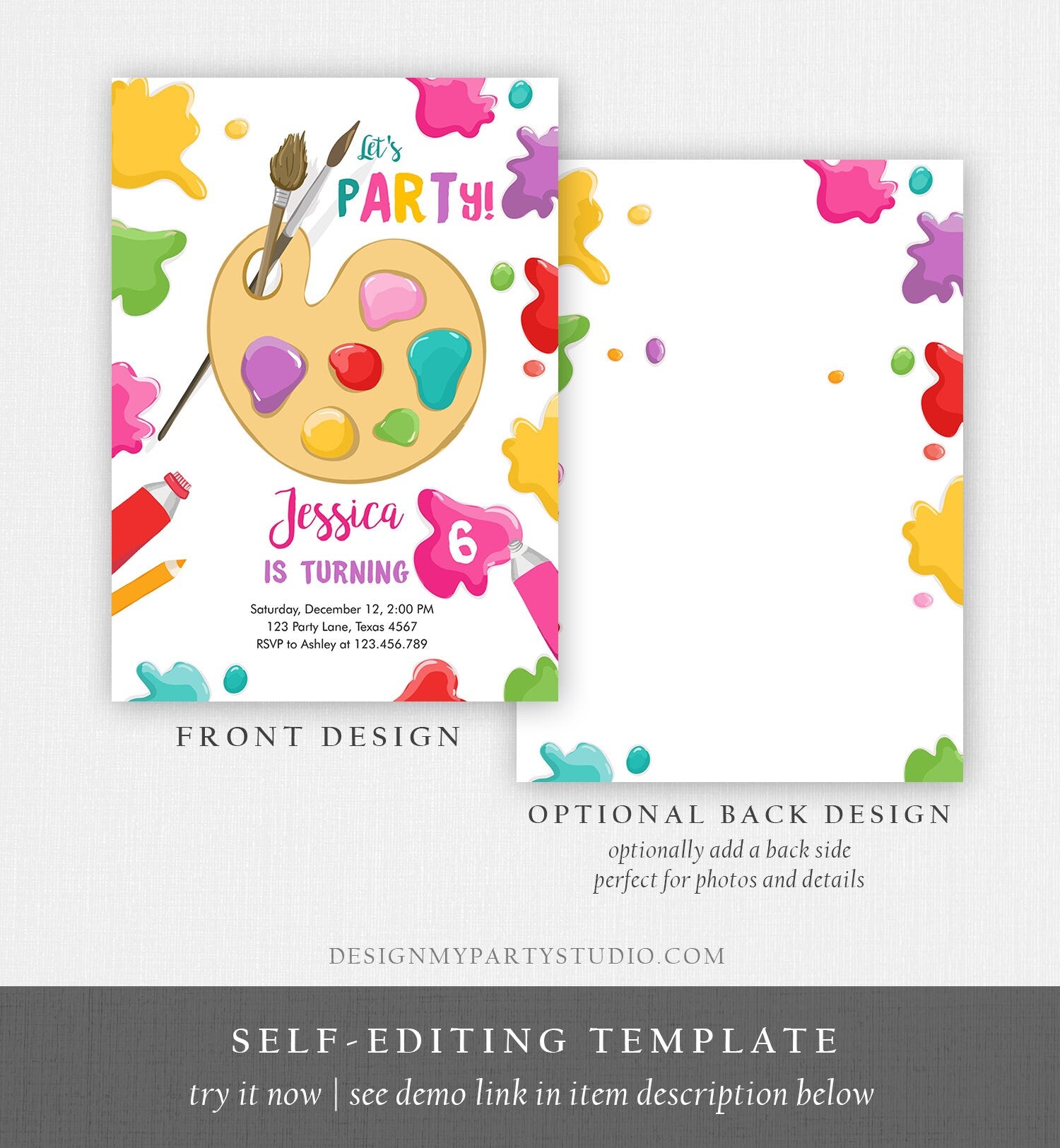 Editable Painting Party Invitation Art Party Birthday Invite Girl Pink Paint Craft Party Download Printable Template Digital Corjl 0319