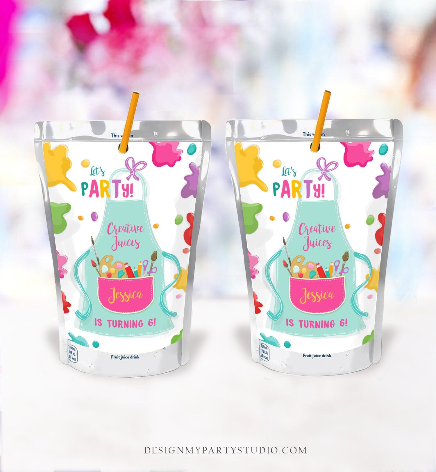 Editable Art Party Birthday Juice Pouch Label Juice Favors Girl Birthday Decor Paint Party Digital Download Template Printable 0319