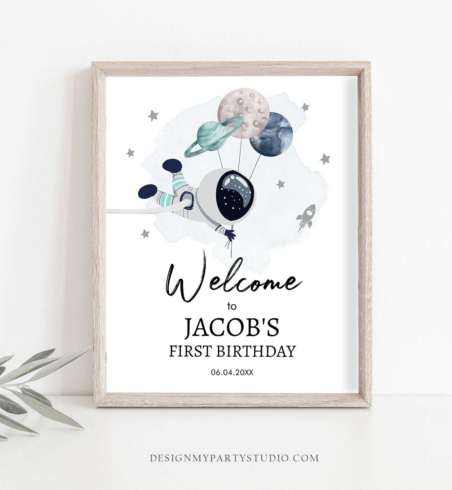 Editable Outer Space Birthday Welcome Sign 1st Birthday Boy Galaxy Planets Trip Around the Sun Astronaut Template PRINTABLE Corjl 0366