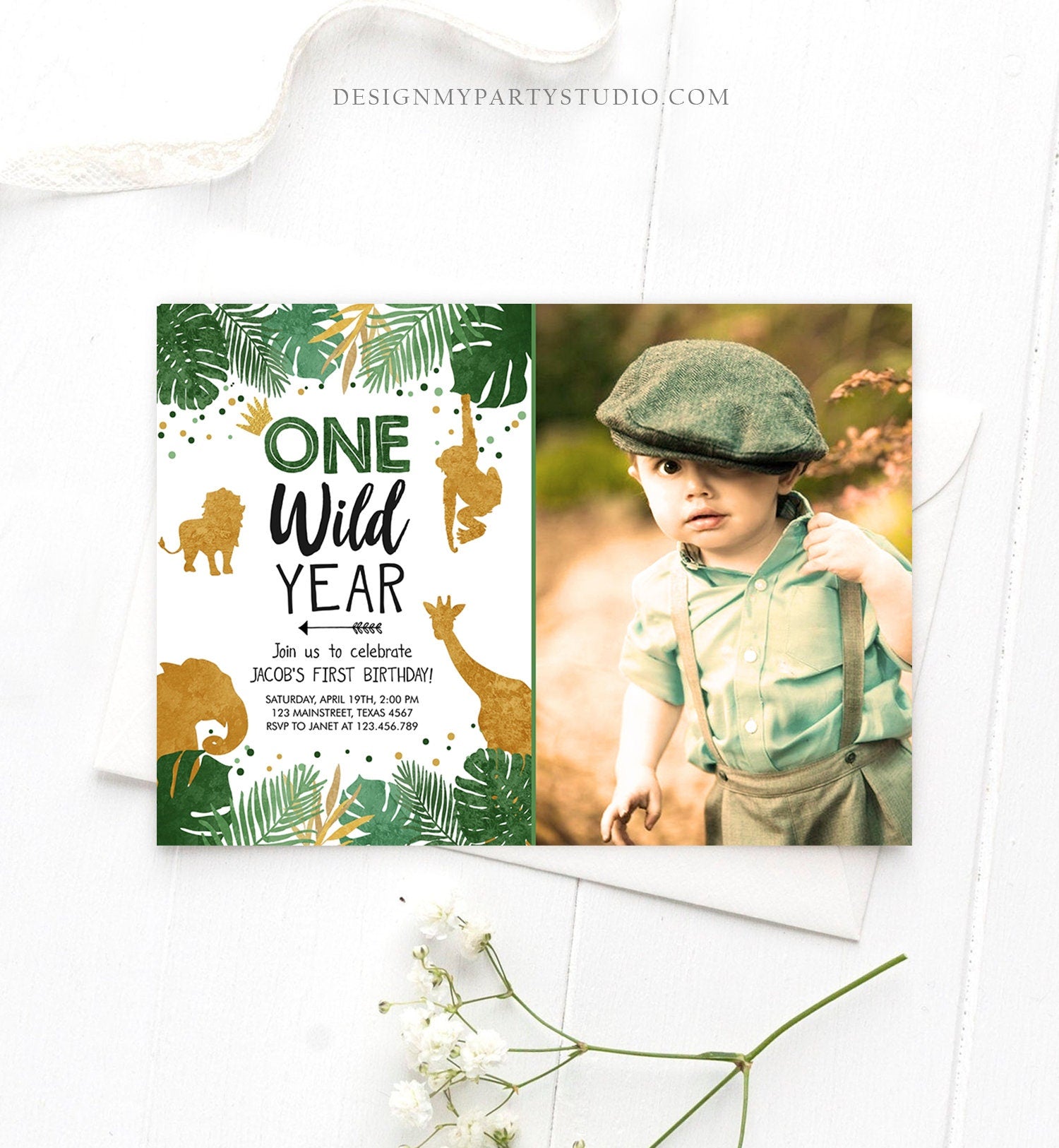 Editable Wild One Birthday Invite Safari Animals Jungle One Wild Year Black Gold First Birthday 1st Download Printable Corjl Template 0016