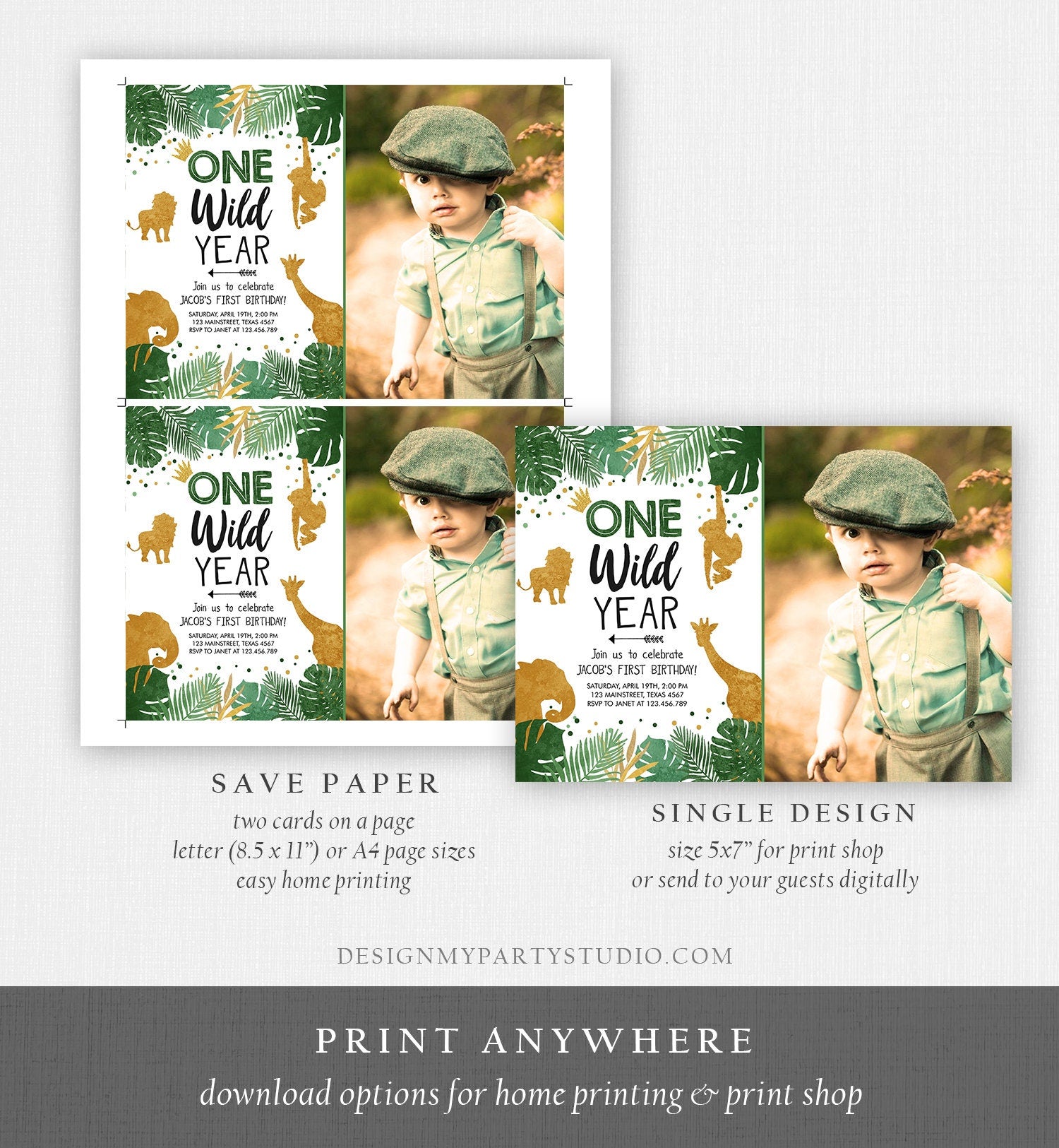 Editable Wild One Birthday Invite Safari Animals Jungle One Wild Year Black Gold First Birthday 1st Download Printable Corjl Template 0016