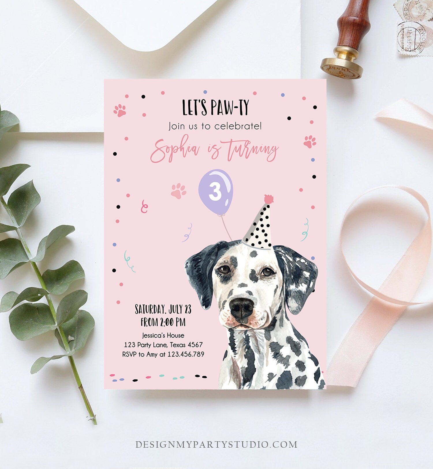 Editable Dog Birthday Party Invitation Dalmatian Birthday Invite Pink Girl Come Sit Stay Party Animal Download Printable Template Corjl 0384