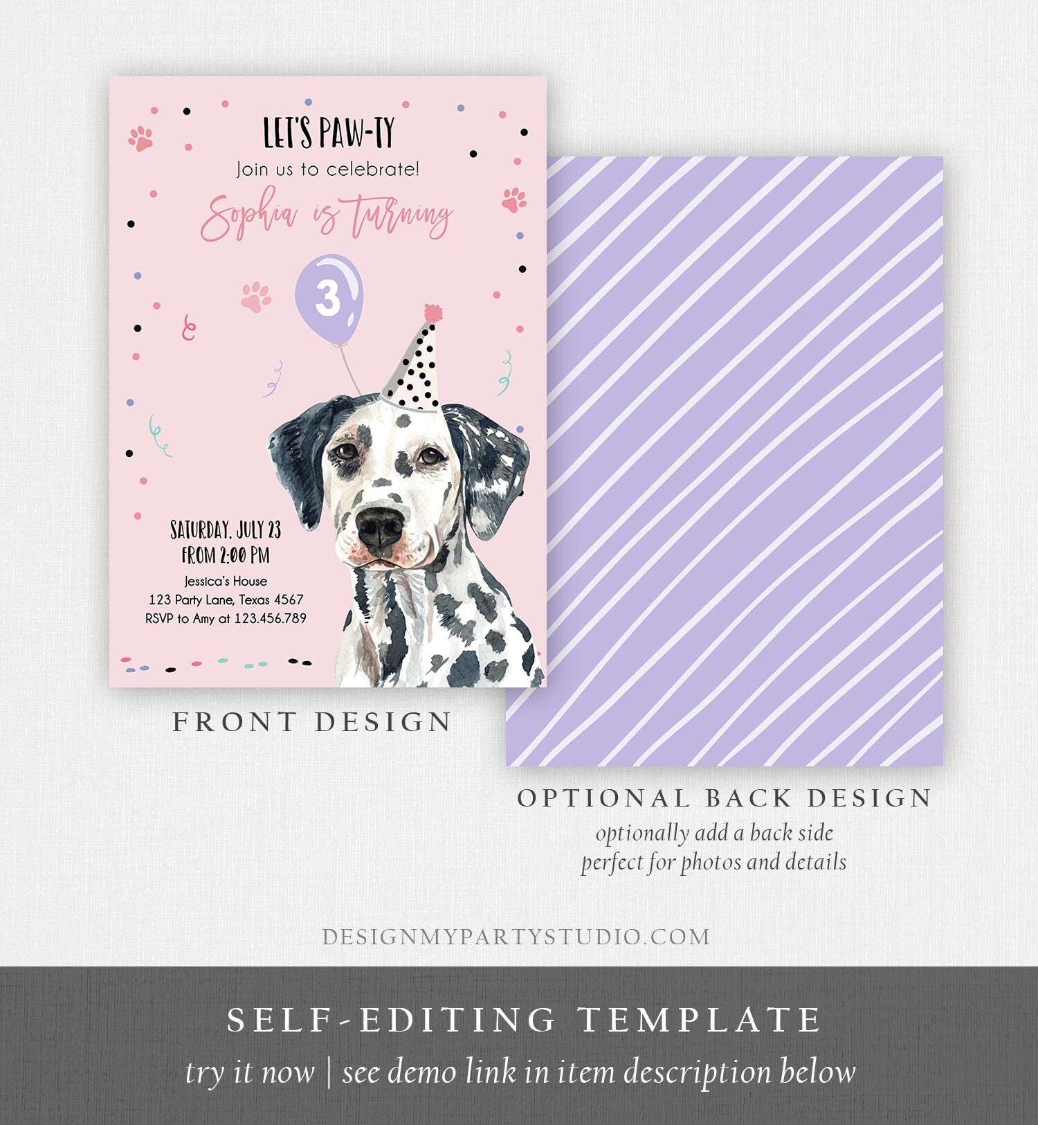 Editable Dog Birthday Party Invitation Dalmatian Birthday Invite Pink Girl Come Sit Stay Party Animal Download Printable Template Corjl 0384