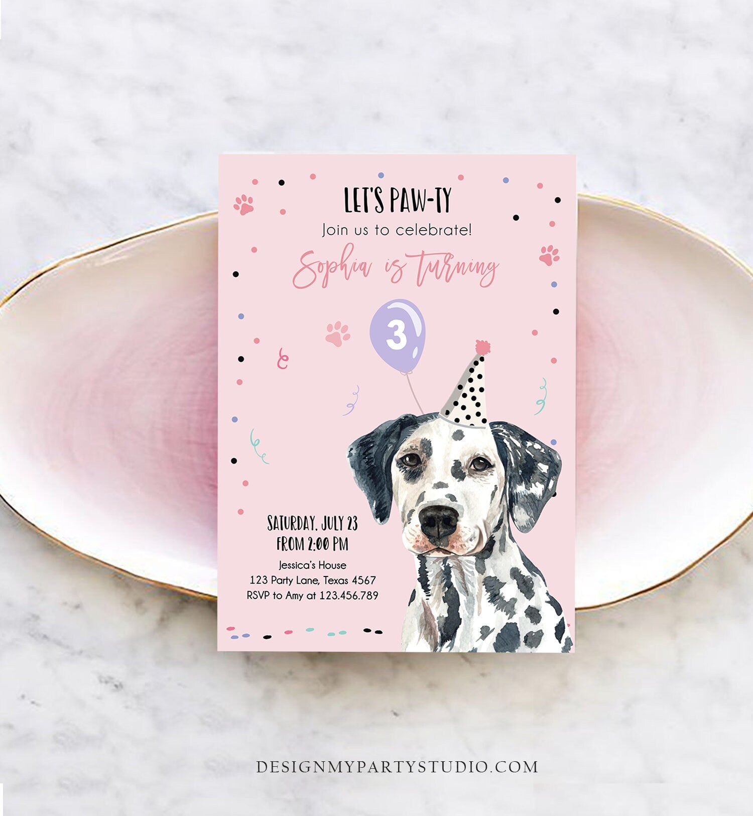 Editable Dog Birthday Party Invitation Dalmatian Birthday Invite Pink Girl Come Sit Stay Party Animal Download Printable Template Corjl 0384