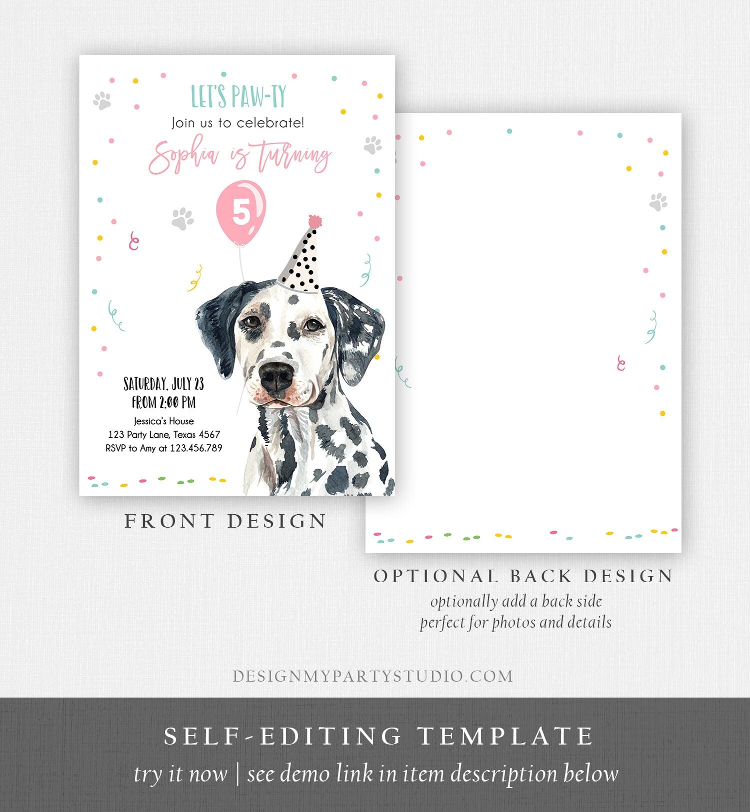 Editable Dog Birthday Party Invitation Dalmatian Birthday Invite Pink Girl Come Sit Stay Party Animal Download Printable Template Corjl 0384