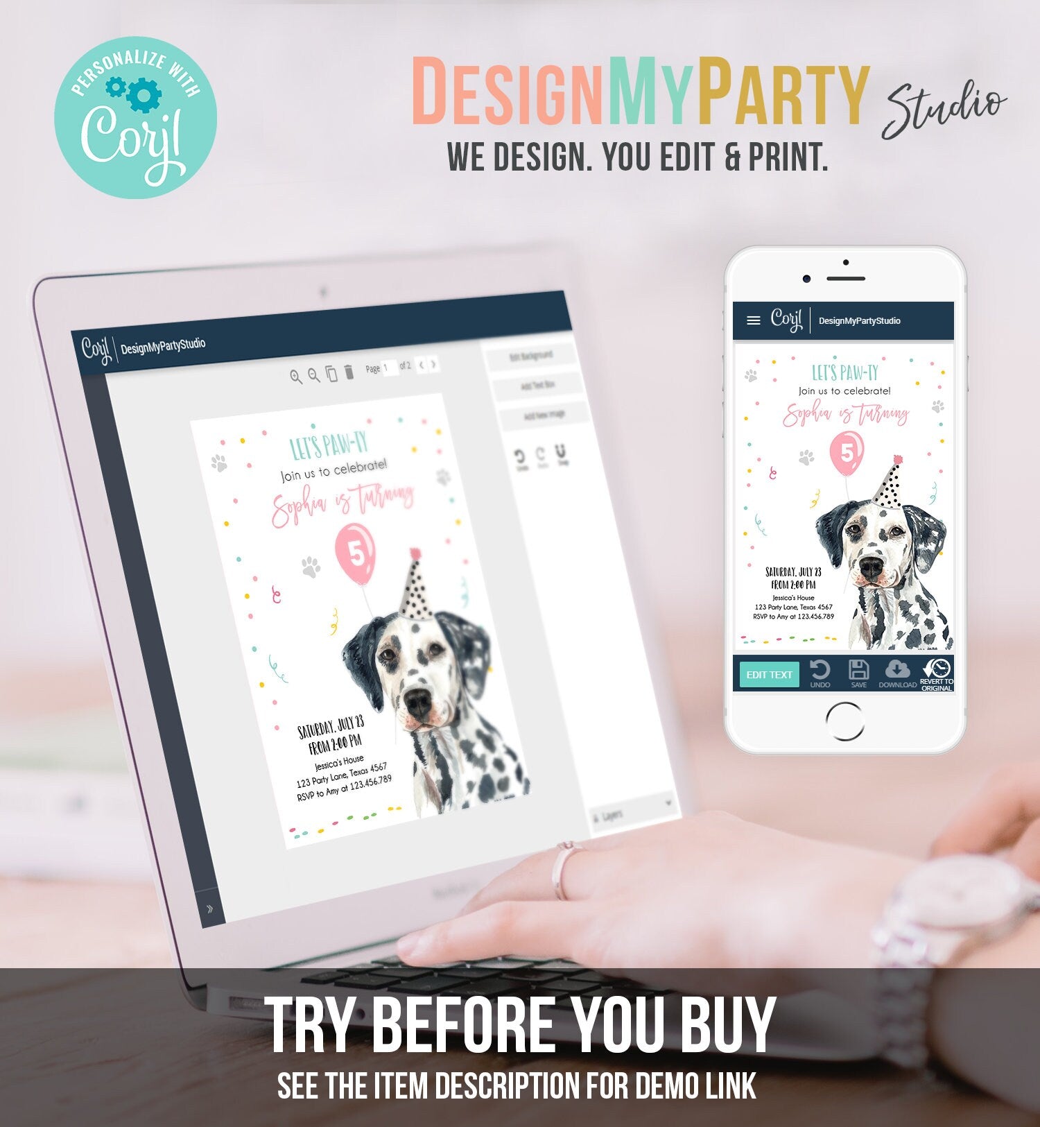 Editable Dog Birthday Party Invitation Dalmatian Birthday Invite Pink Girl Come Sit Stay Party Animal Download Printable Template Corjl 0384