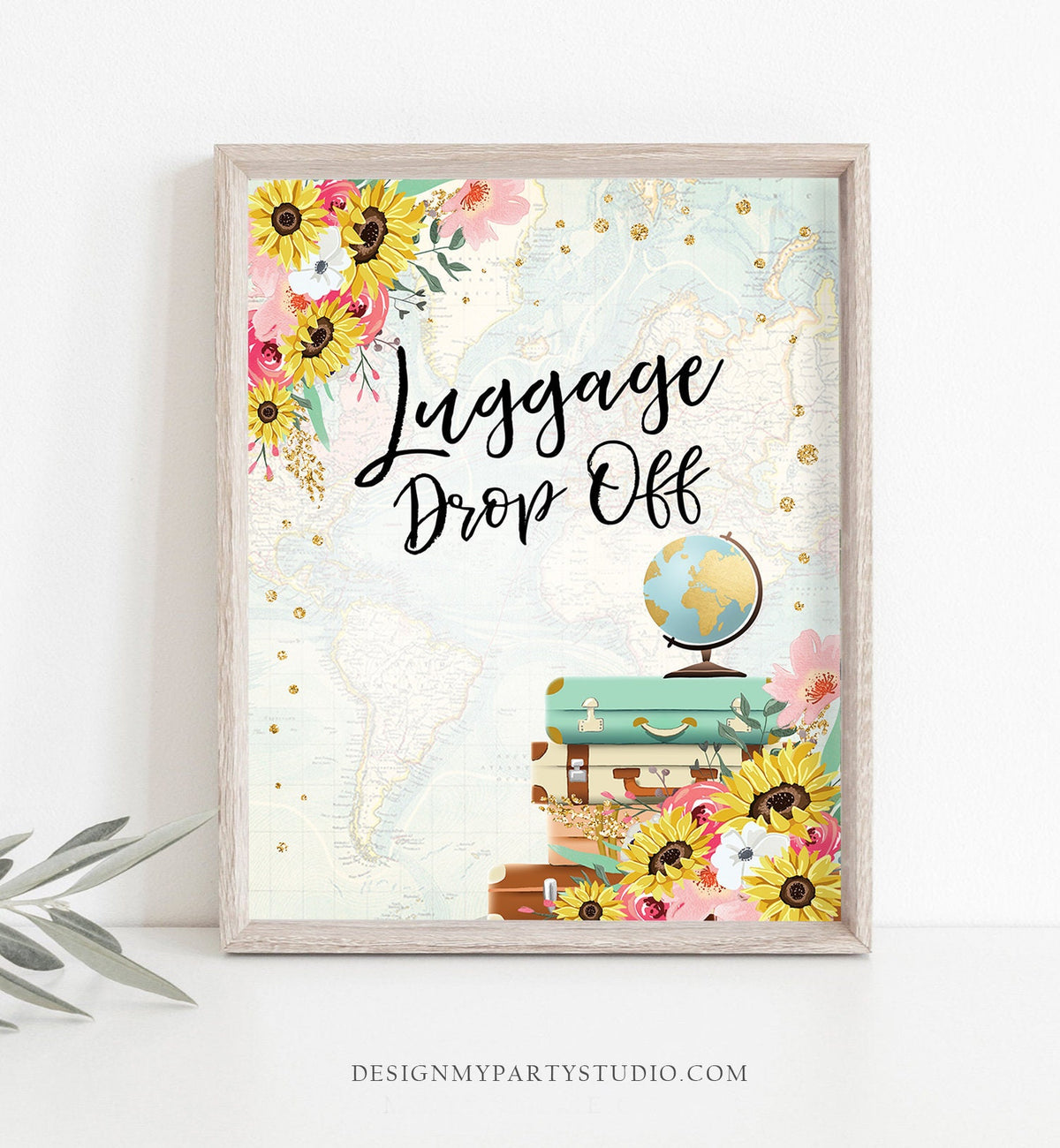 Luggage Drop Off Sign Travel Adventure Bridal Shower Wedding Birthday Flowers Globe Suitcase Blush Pink Sunflowers Download PRINTABLE 0030