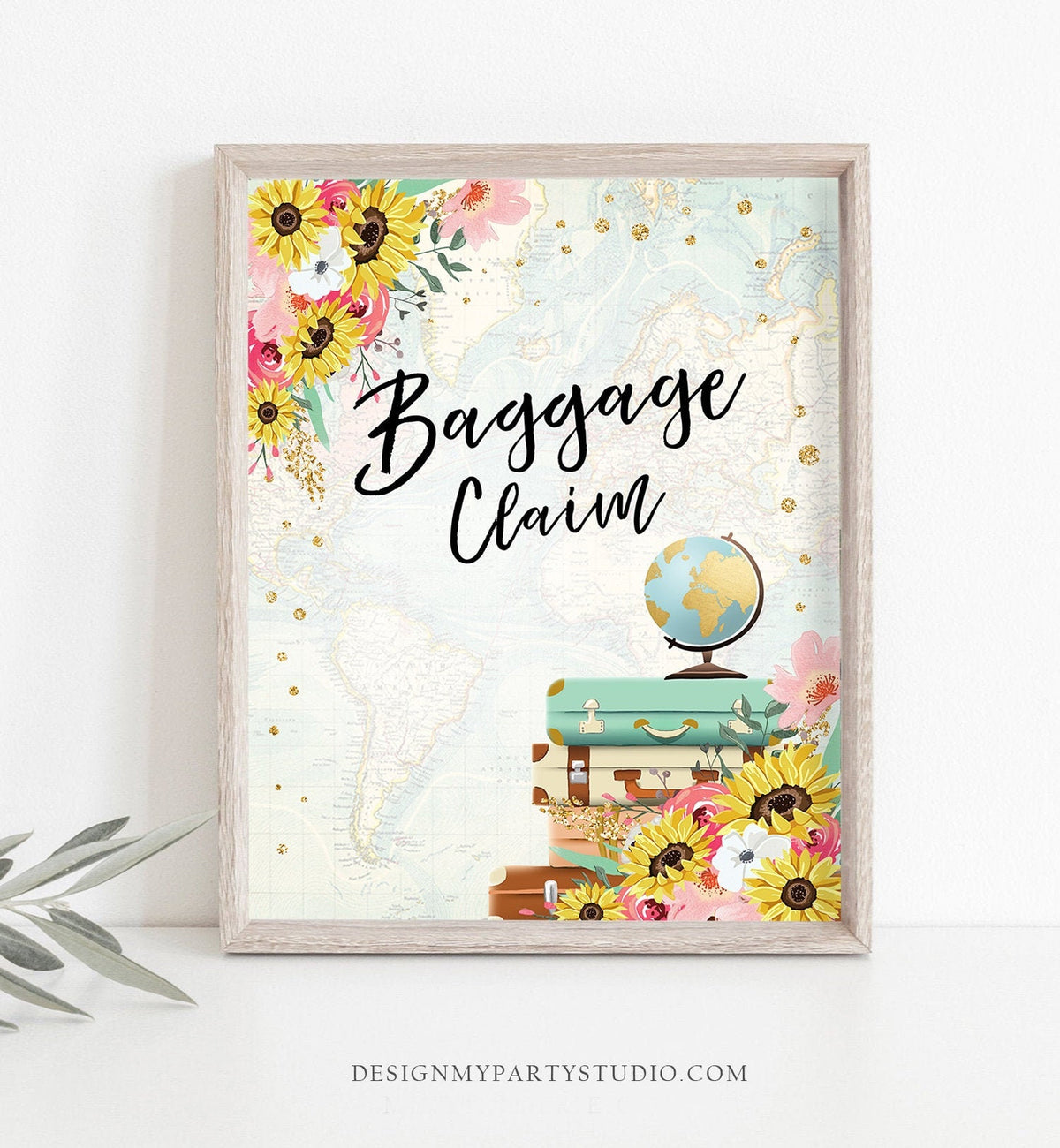 Baggage Claim Sign Travel Adventure Bridal Shower Wedding Birthday Flowers Globe Suitcase Blush Pink Sunflowers Download PRINTABLE 0030