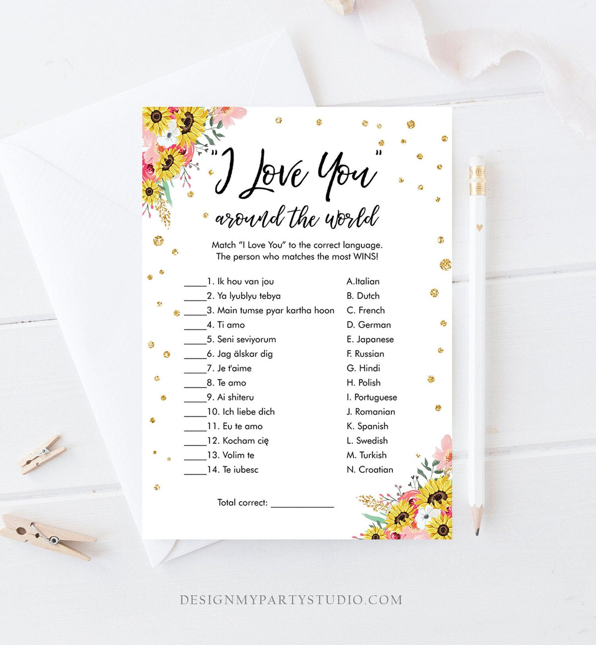 Editable Travel Bridal Shower Game I Love You Around the World Wedding Blush Pink Sunflowers Activity Bachelorette Corjl Printable 0030 0318