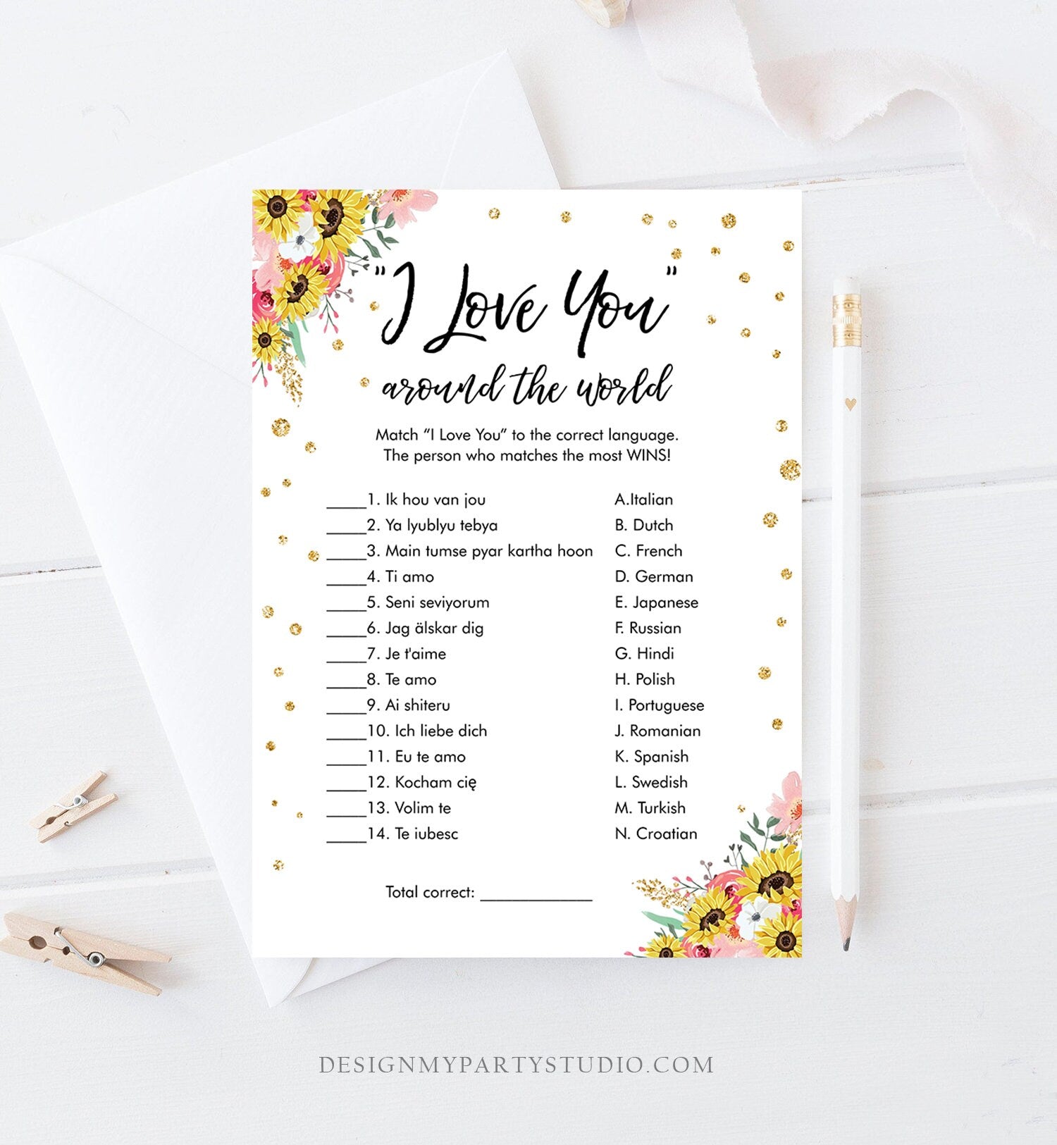 Editable Travel Bridal Shower Game I Love You Around the World Wedding Blush Pink Sunflowers Activity Bachelorette Corjl Printable 0030 0318