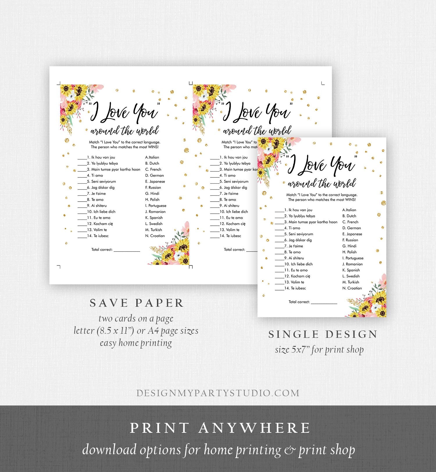 Editable Travel Bridal Shower Game I Love You Around the World Wedding Blush Pink Sunflowers Activity Bachelorette Corjl Printable 0030 0318