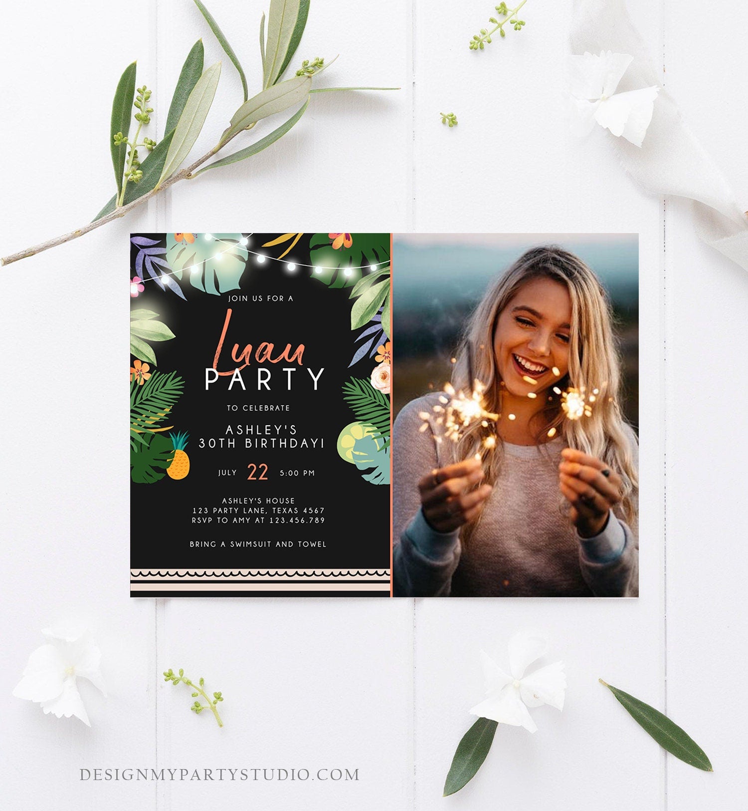 Editable Tropical Luau Birthday Invitation Tropical Party Adult Birthday Man Woman Leaves Hawaiian Download Printable Template Corjl 0183