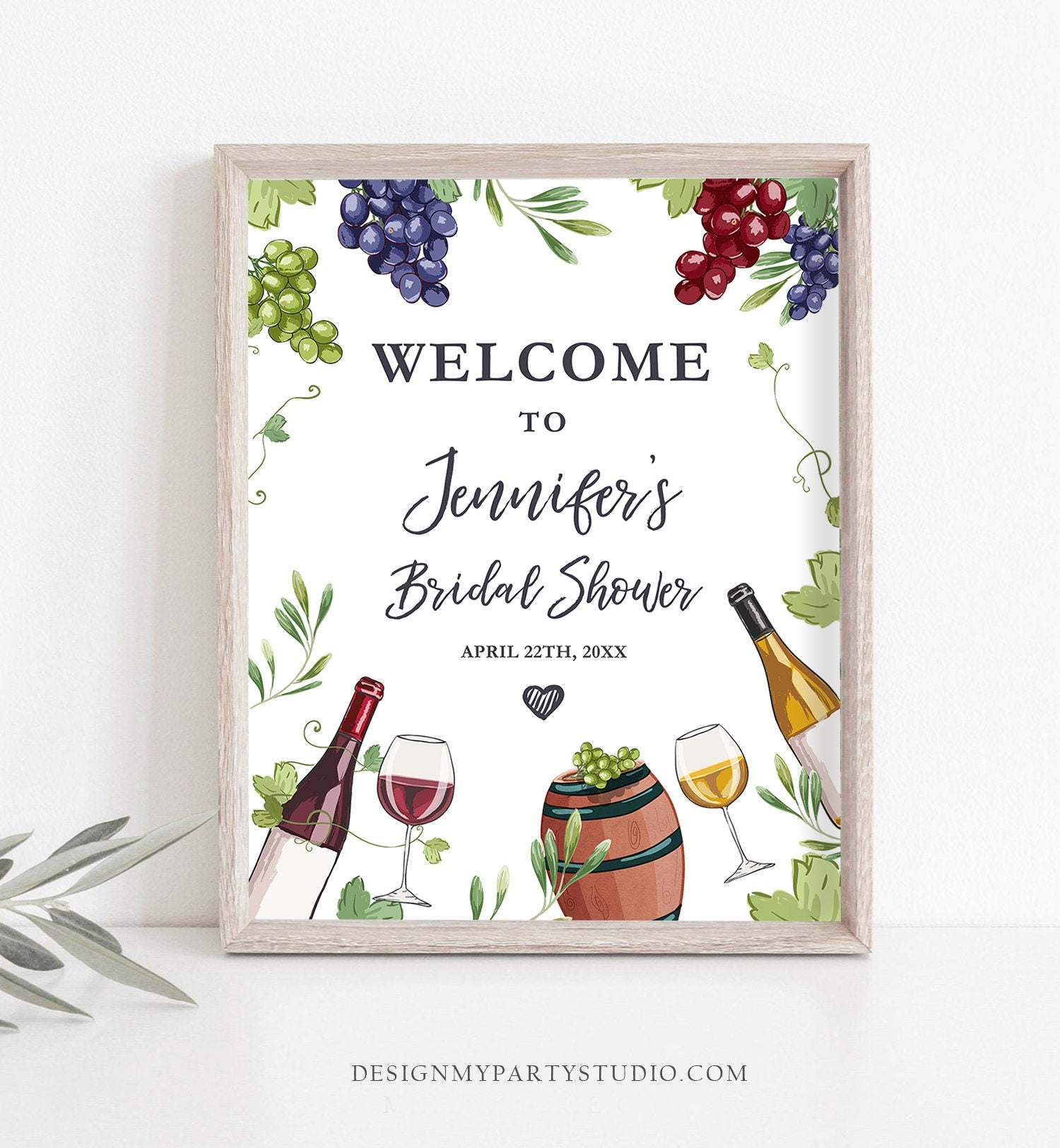 Editable Wine Welcome Sign Couples Shower Welcome Cheers to Love Brunch Bubbly Grapes Bottle White Floral Digital Template Printable 0234