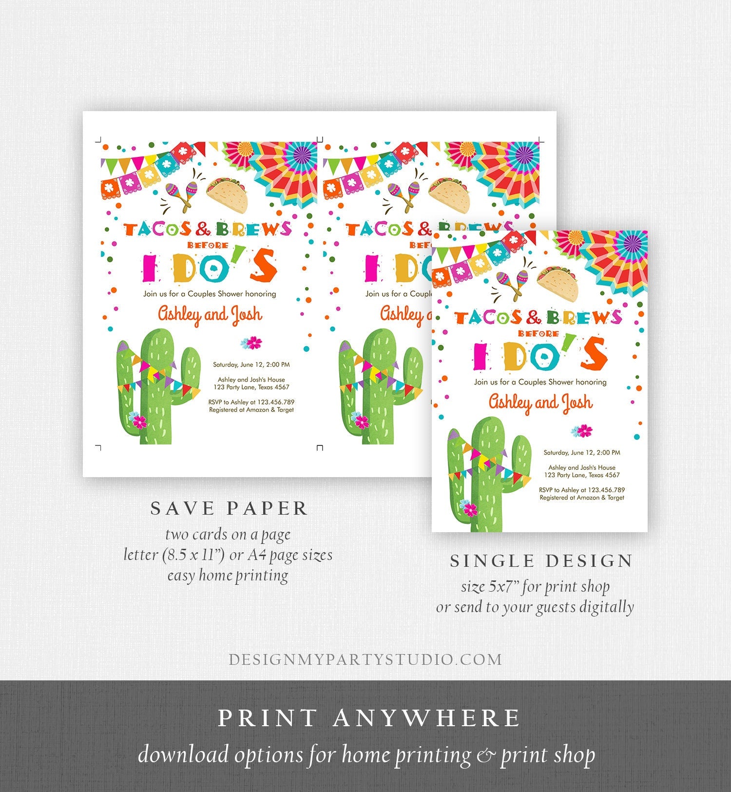 Editable Tacos and Brews before I Do's Couples Shower invitation Fiesta Coed Joined Cactus Mexican Download Corjl Template Printable 0045