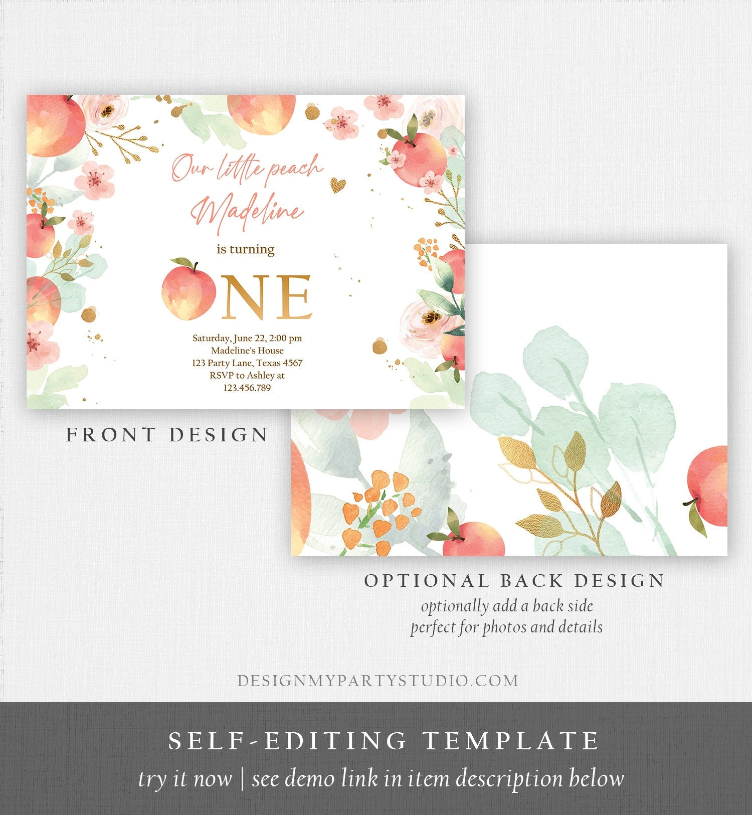 Editable Little Peach Birthday Invitation First Birthday Floral Gold Girl Peach 1st Peaches Download Printable Template Corjl Digital 0401