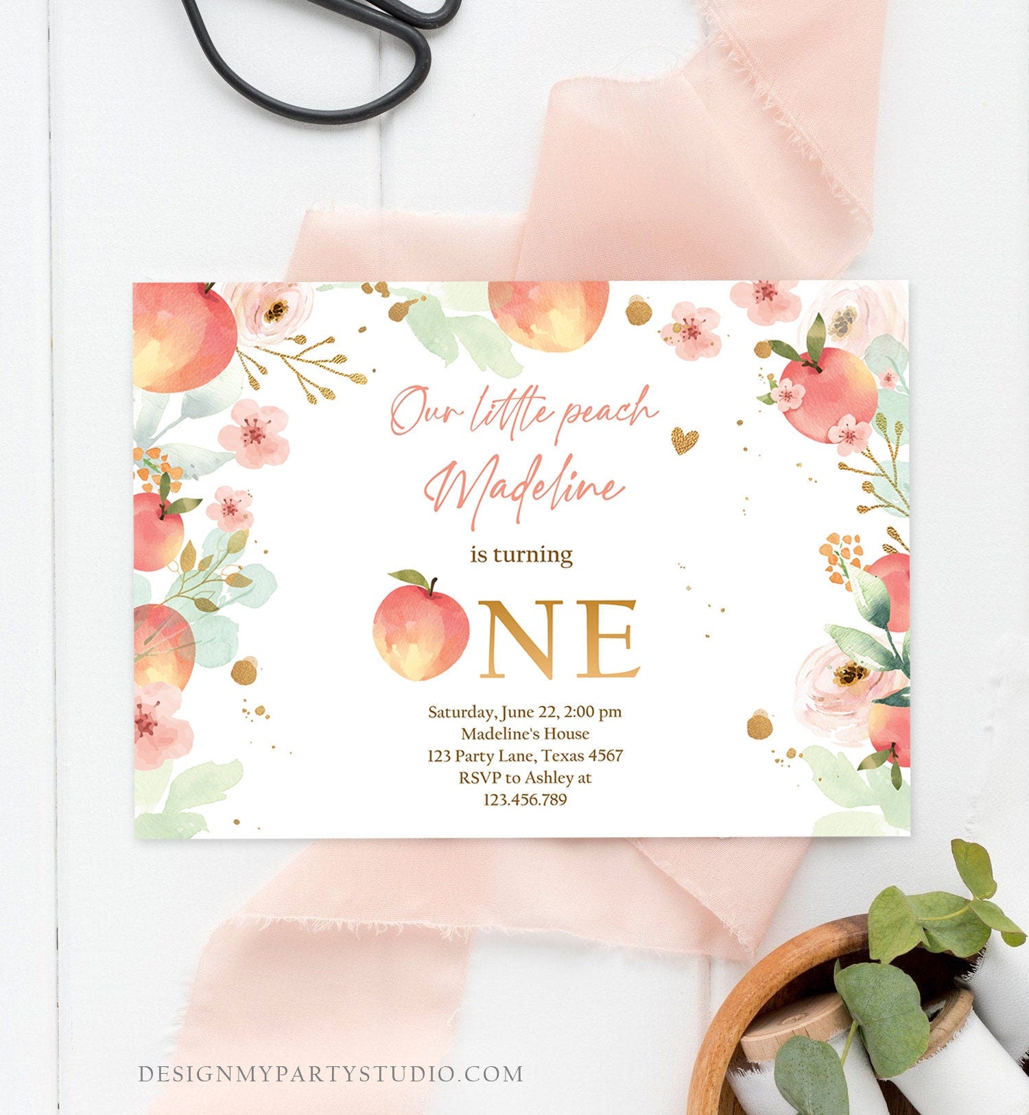 Editable Little Peach Birthday Invitation First Birthday Floral Gold Girl Peach 1st Peaches Download Printable Template Corjl Digital 0401