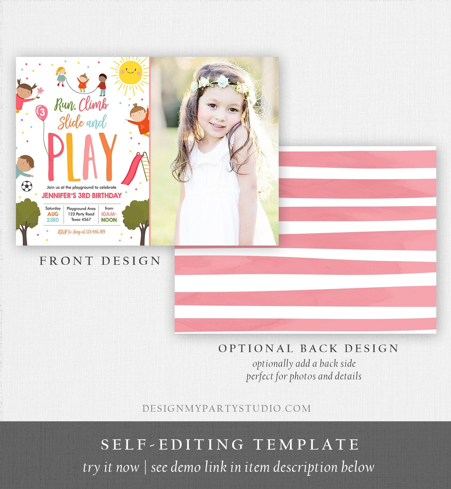 Editable Playground Birthday Invitation Party In The Park Girl Pink Run Climb Slide and Play Download Printable Template Corjl Digital 0327