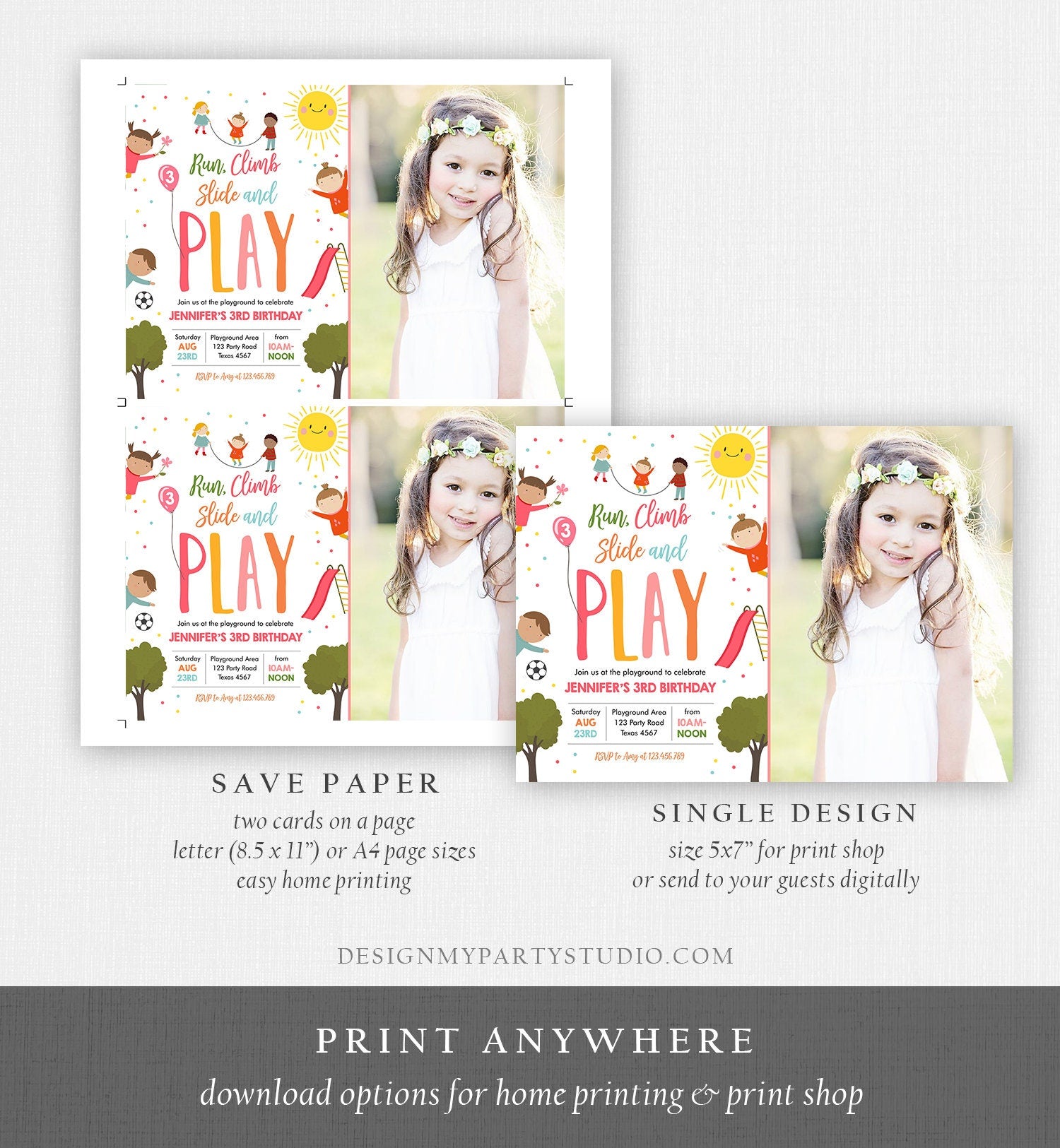 Editable Playground Birthday Invitation Party In The Park Girl Pink Run Climb Slide and Play Download Printable Template Corjl Digital 0327