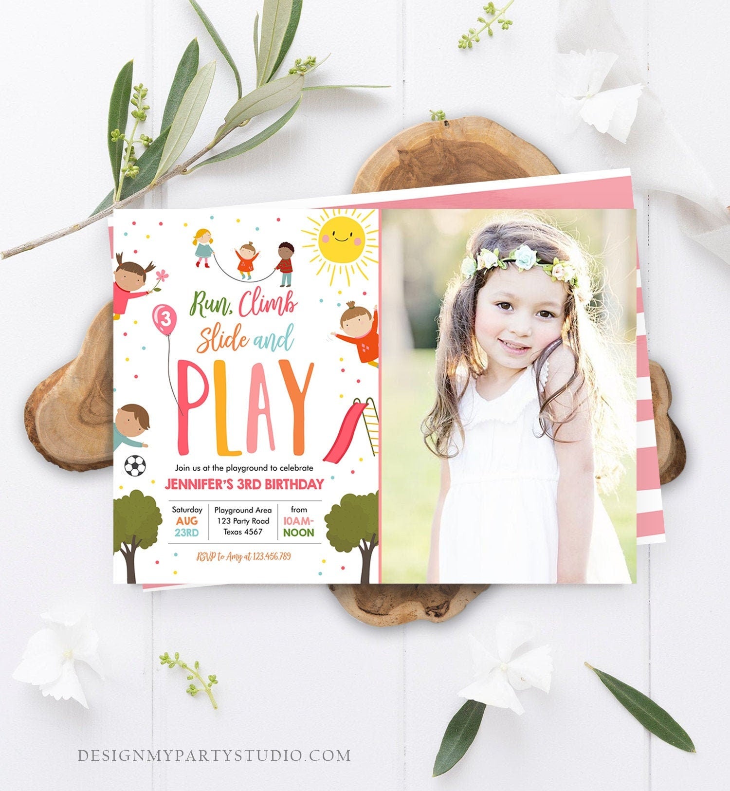 Editable Playground Birthday Invitation Party In The Park Girl Pink Run Climb Slide and Play Download Printable Template Corjl Digital 0327